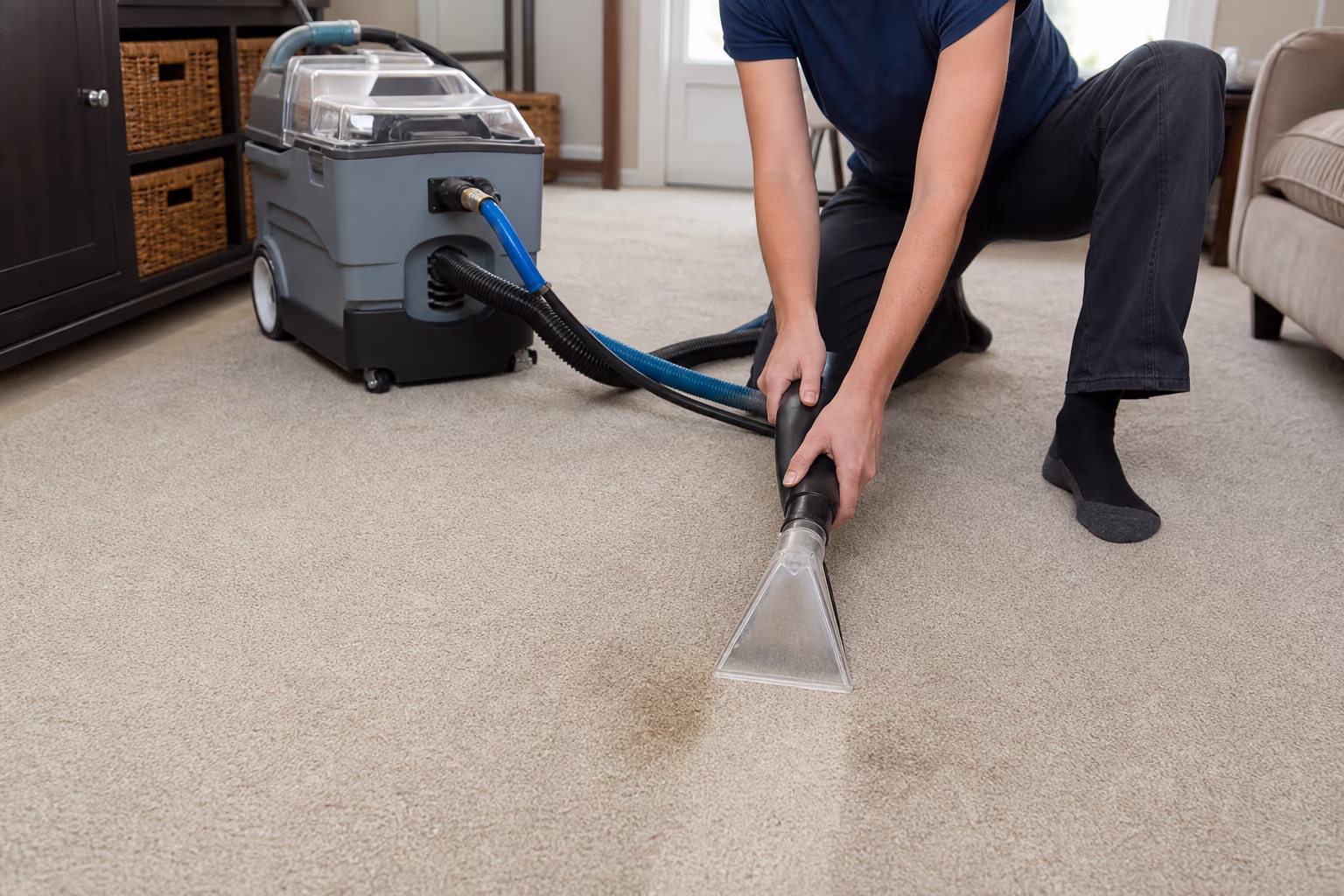 A cleaning technician guiding an upholstery extraction wand across a light carpet in an Ottawa living room, lifting a set-in pet stain and rinsing the fibres with cool water.