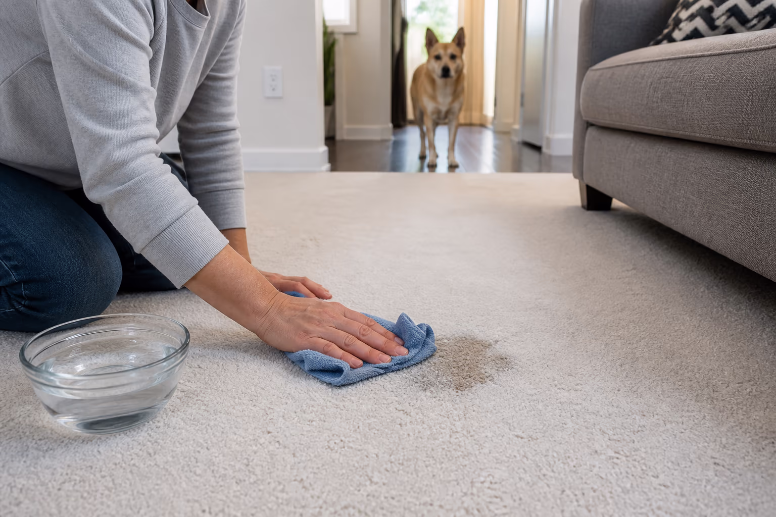 A wide view of a bright Ottawa living room after a fresh pet accident, a cloth and a bowl of cool water ready beside the carpet while a dog waits at the doorway, the first-pass blotting the guide describes.