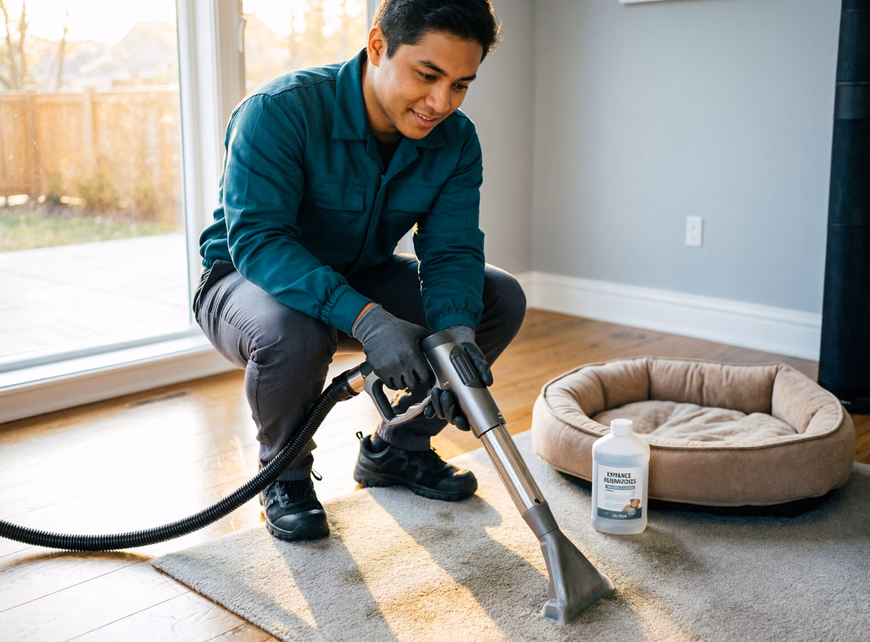 A portrait of a cleaning technician rinsing an extraction wand after treating a pet stain in an Ottawa home, the cleaned carpet drying beside a pet bed and a closed container of enzyme cleaner.