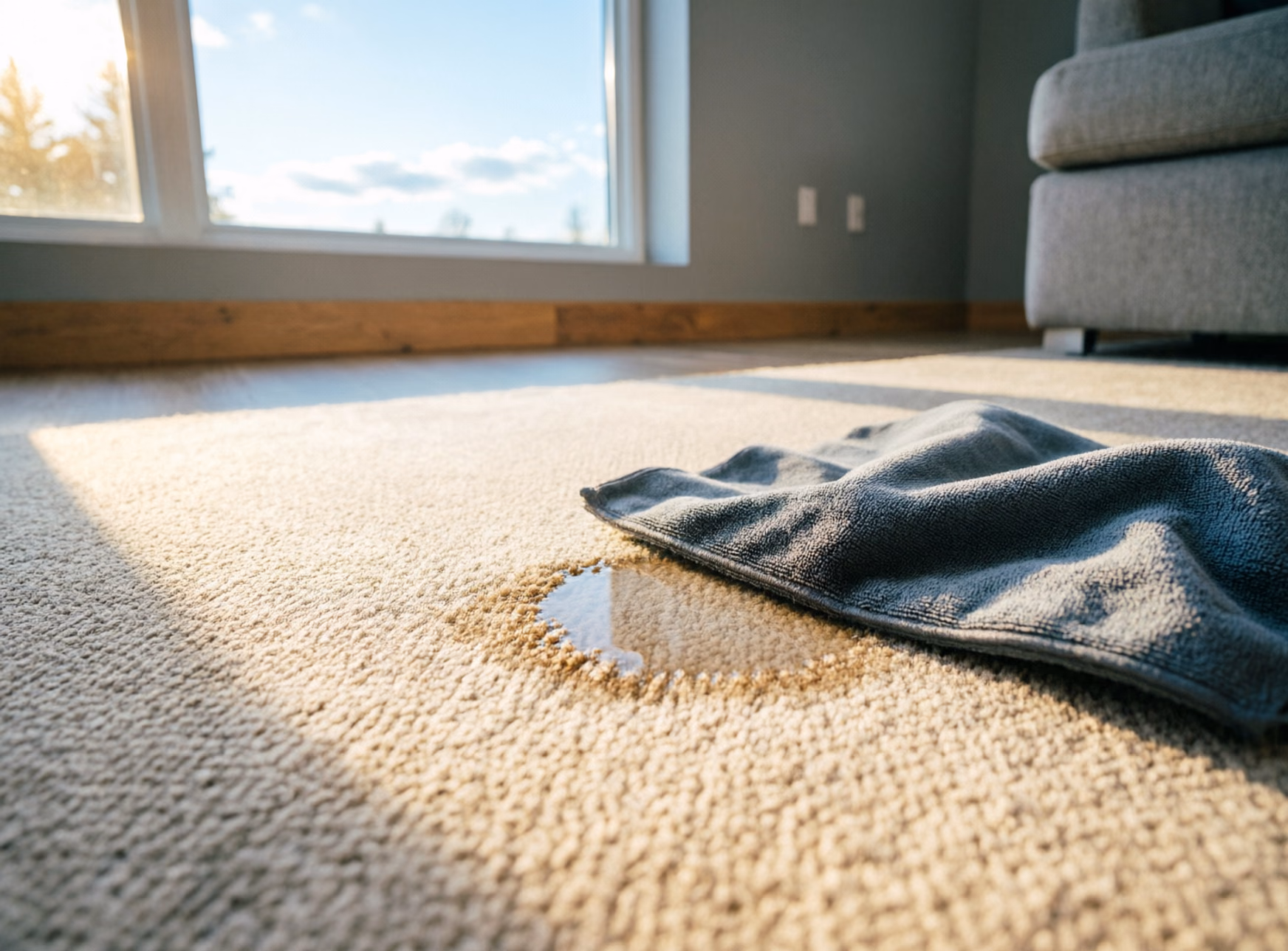 A square close-up of a microfibre cloth blotting a damp patch on a light carpet in an Ottawa home, the pile lifted so the fresh spill stays on the surface instead of soaking to the backing.