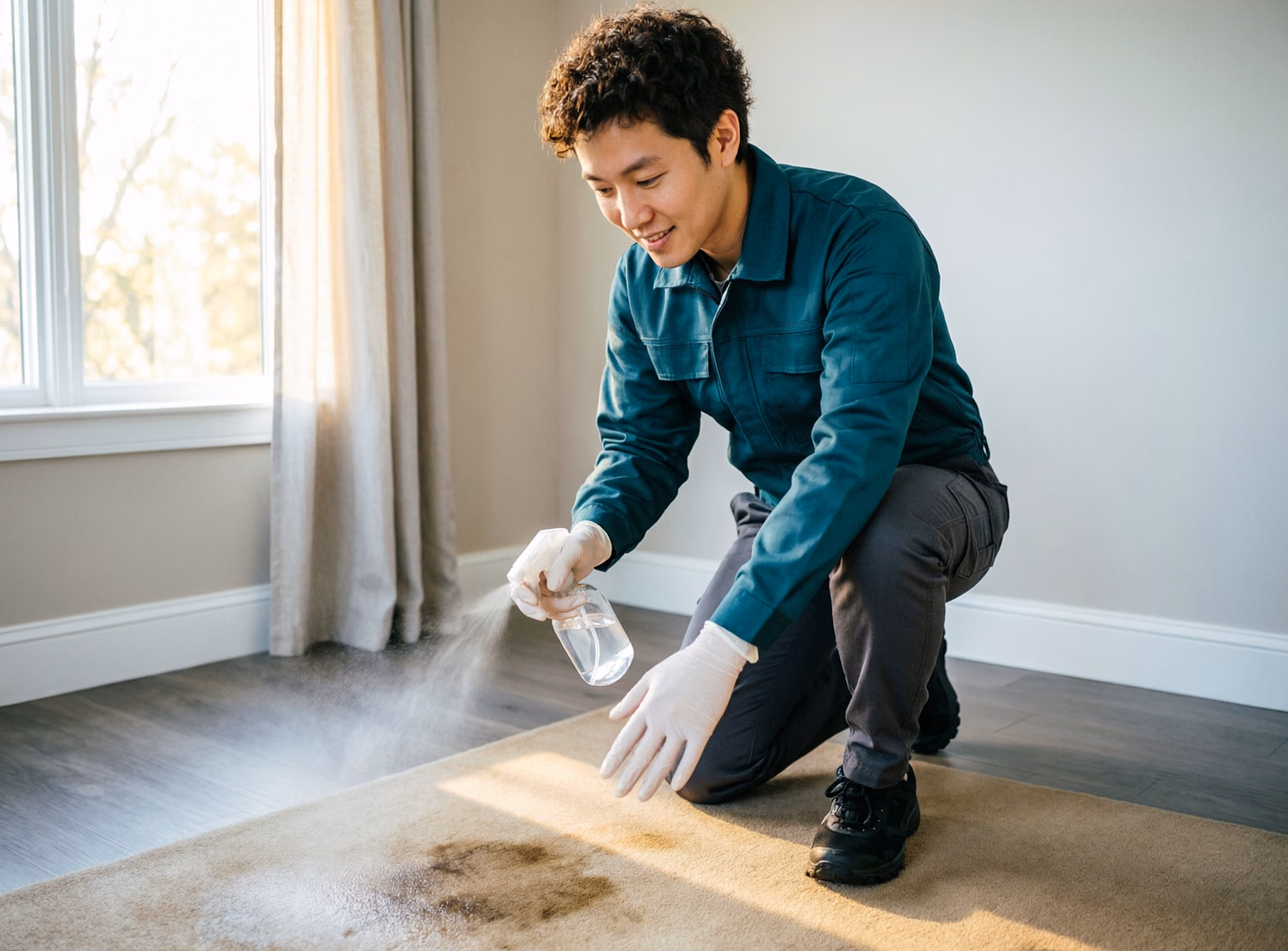 A portrait of a cleaning technician applying an enzymatic cleaner to a set-in carpet stain in an Ottawa bedroom, letting the product dwell before extraction.