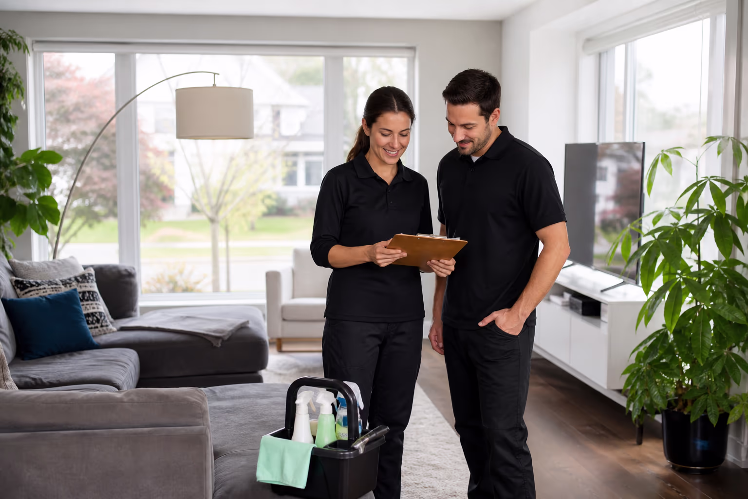 A cleaning technician standing in a bright Ottawa living room with a caddy of eco-friendly supplies, ready to work through an agreed written scope.