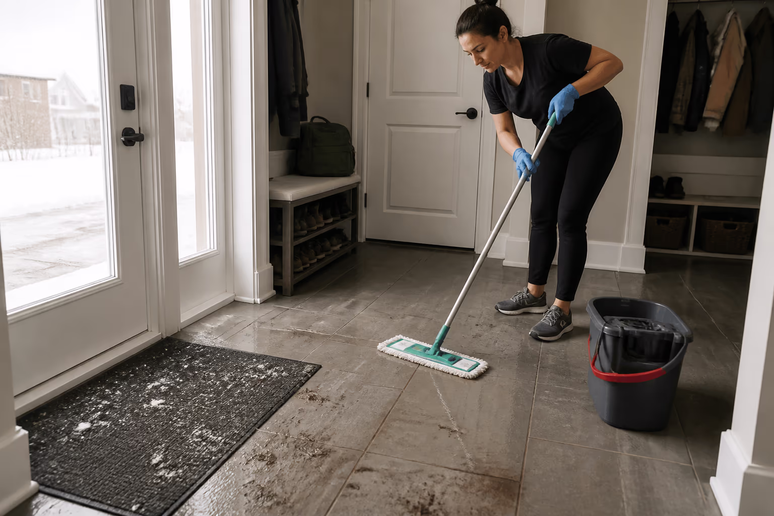 A wide view of an Ottawa entryway and mudroom in winter, salt and grit tracked near the door and a cleaner mopping the tile floors during a seasonal home clean.