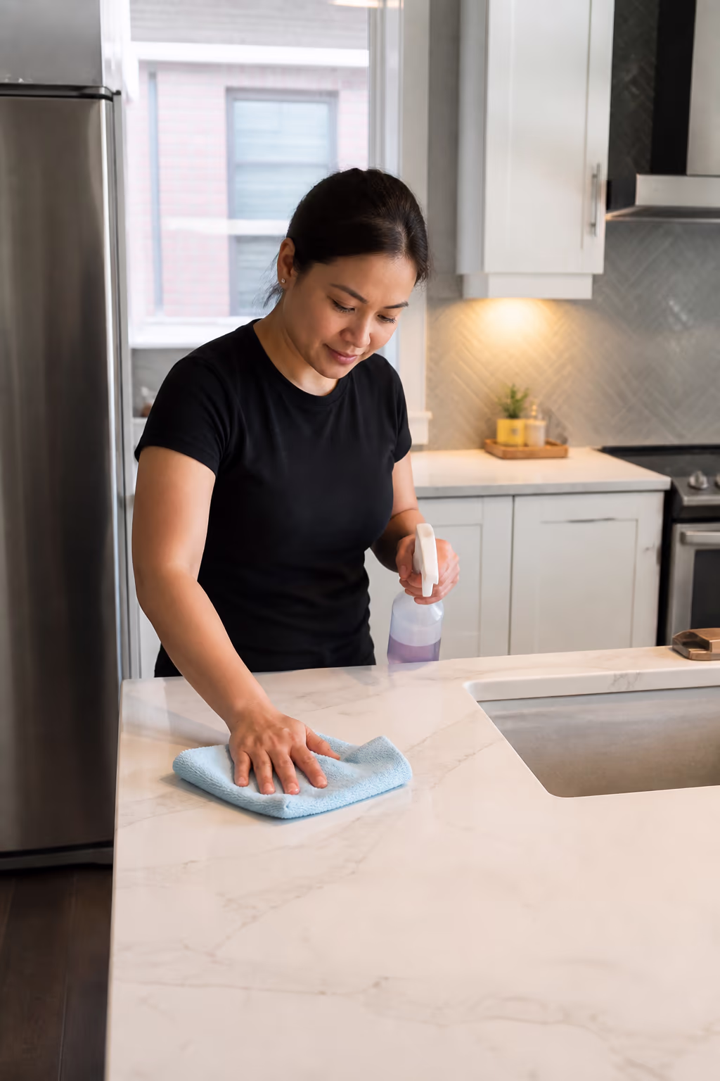 A portrait of a cleaning technician wiping a kitchen counter in a bright Ottawa home, the written scope and supplies included in the agreed price.