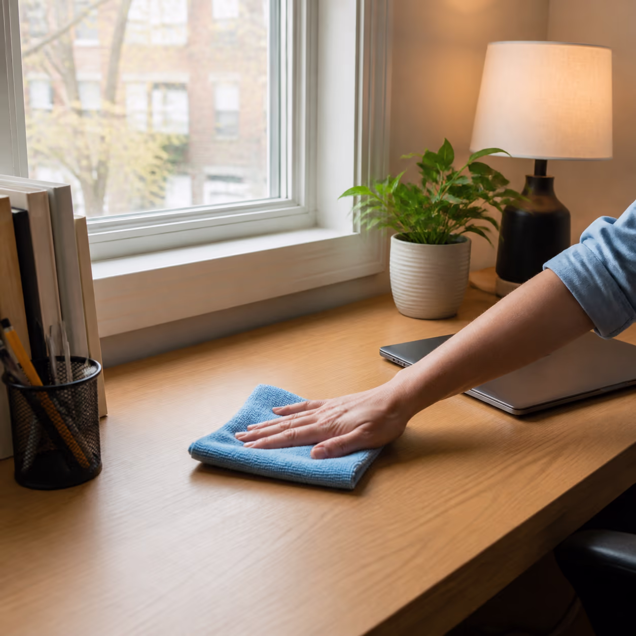 A square view of a tidy Ottawa desk with clear surfaces, a closed laptop and a small plant, showing how less visual noise helps the mind focus.