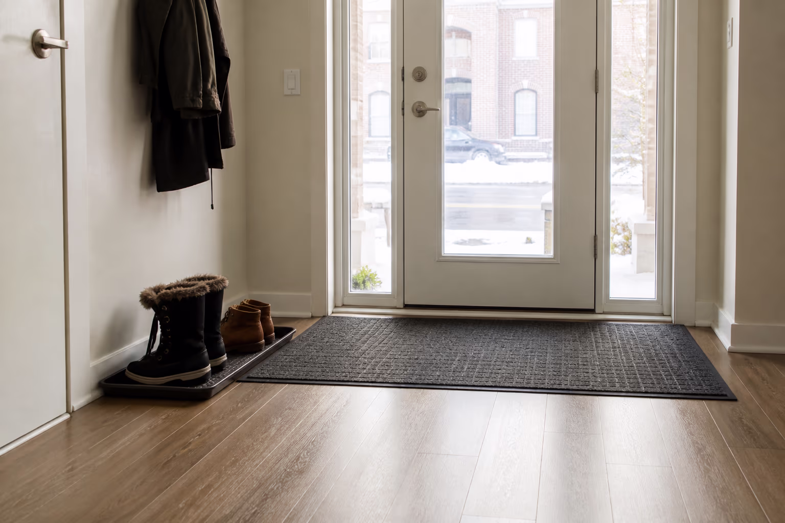 A landscape view of a bright Ottawa entryway in winter with a mat, a shoe tray and a freshly cleaned floor, greeting you with calm instead of grit.