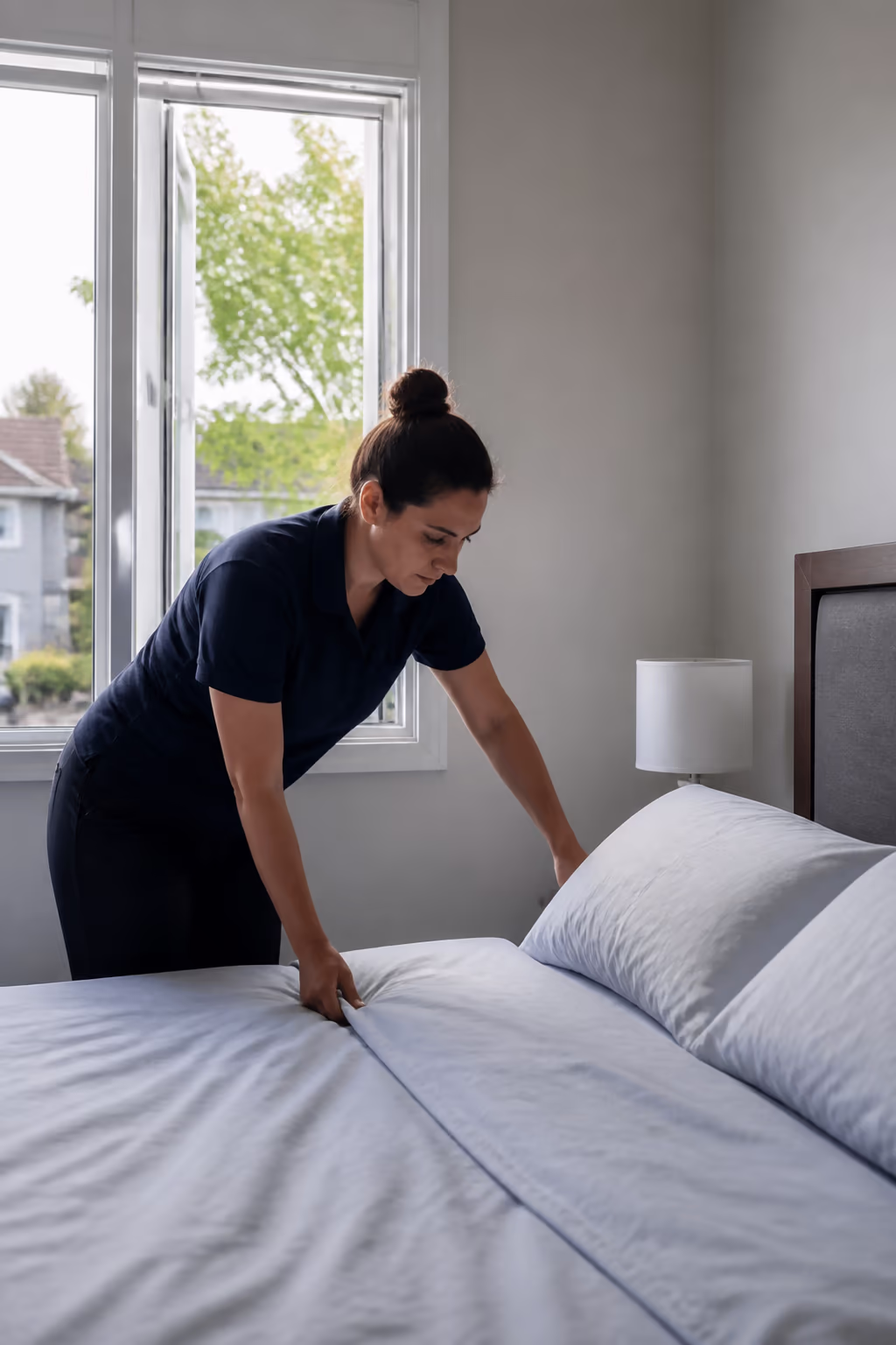 A portrait of a cleaner airing a bedroom window and smoothing fresh bedding in an Ottawa home, supporting a cool, low-dust room for rest.