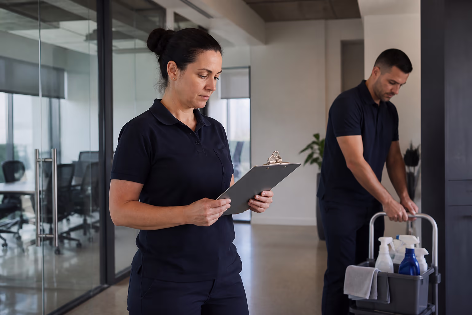 A uniformed commercial cleaning team in a bright Ottawa office, one cleaner reviewing a scope checklist while another prepares supplies for the night's visit.