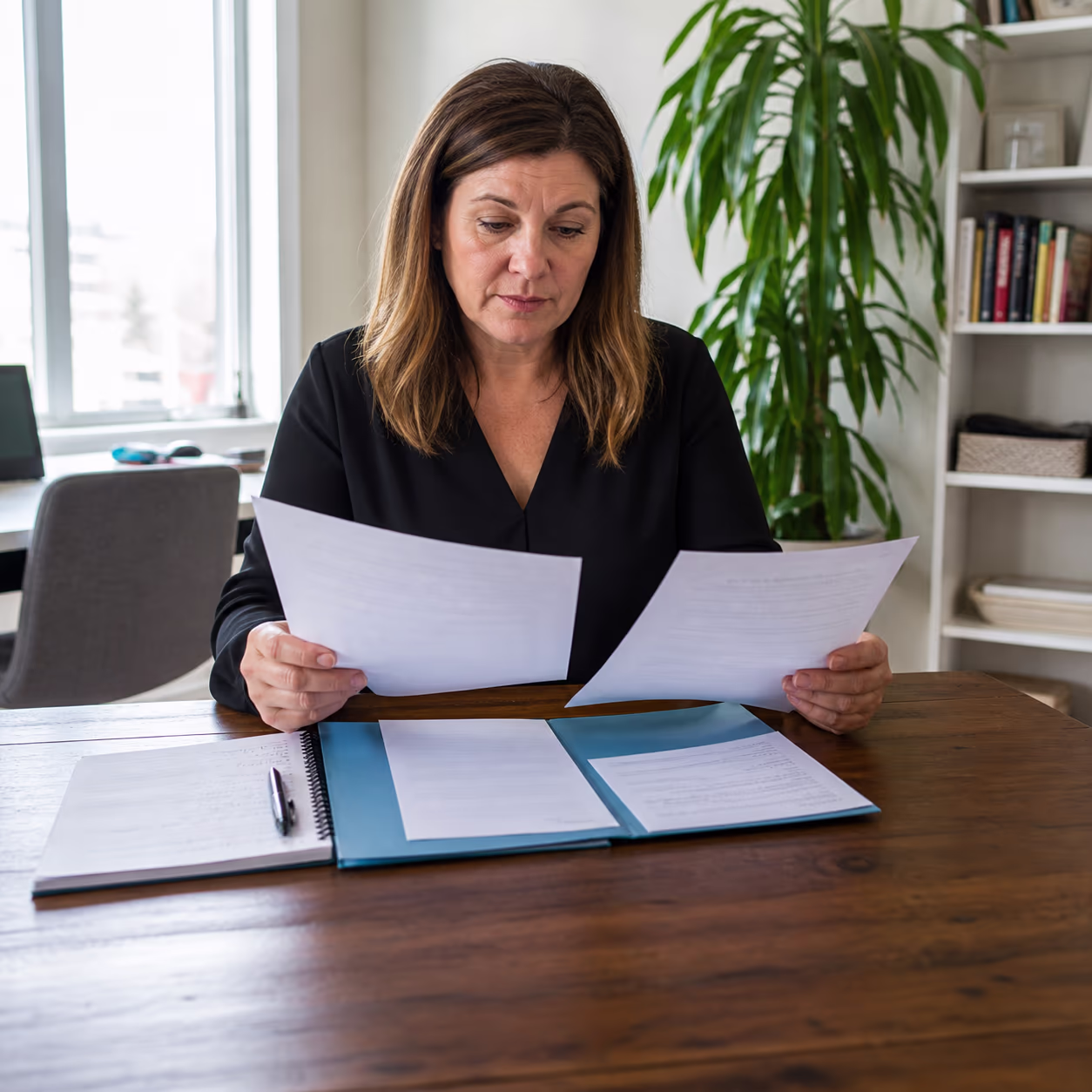 A square view of an Ottawa office manager comparing two commercial cleaning proposals at a conference table, matching scope and answers before signing.