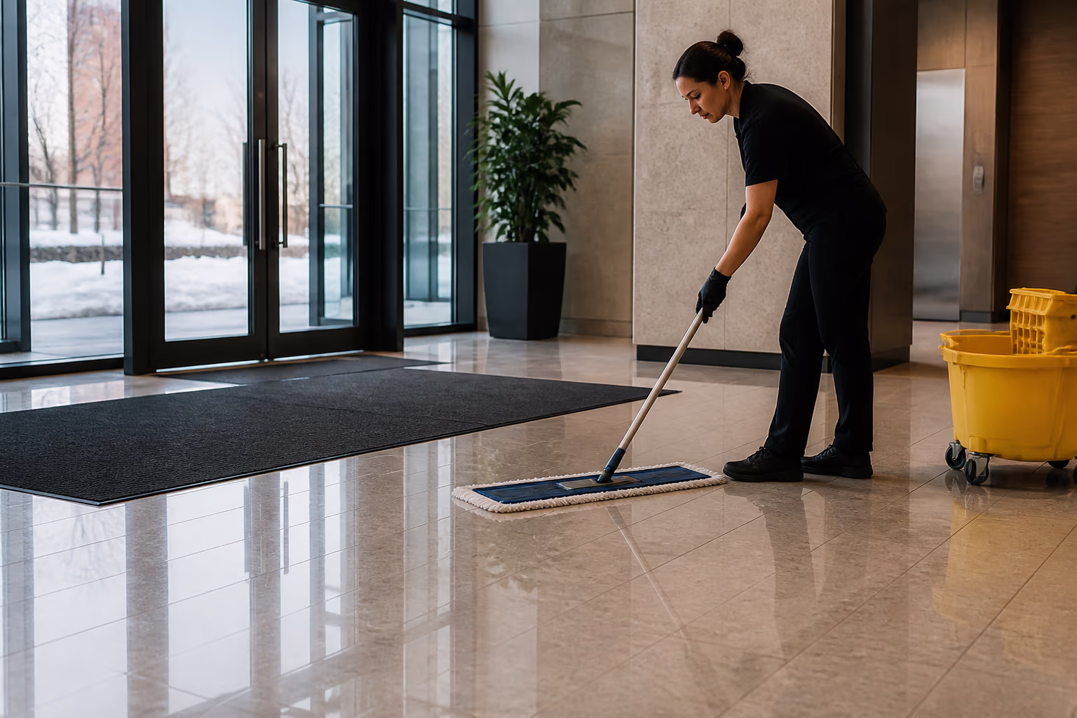 A landscape view of a bright Ottawa office lobby entryway in winter, with entrance matting and a freshly cleaned floor ready for the salt and slush of the cold months.