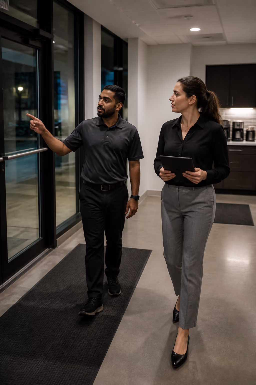 A portrait of a supervisor walking an Ottawa office manager through a night-time walkthrough, pointing out high-traffic entrances and shared kitchens.