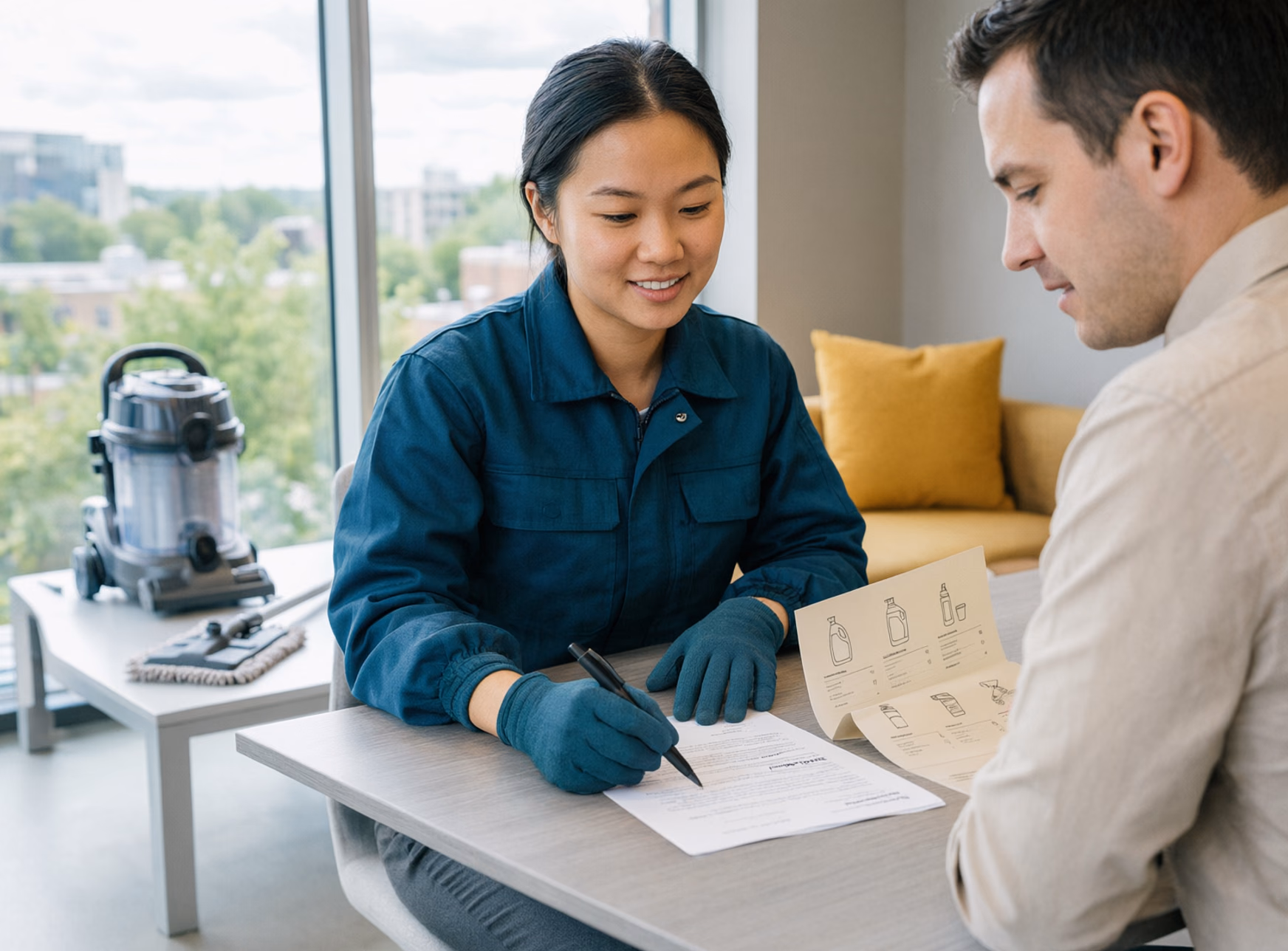 A portrait of an office-cleaning team reviewing a contract and product list with an Ottawa property manager before the first signed visit.