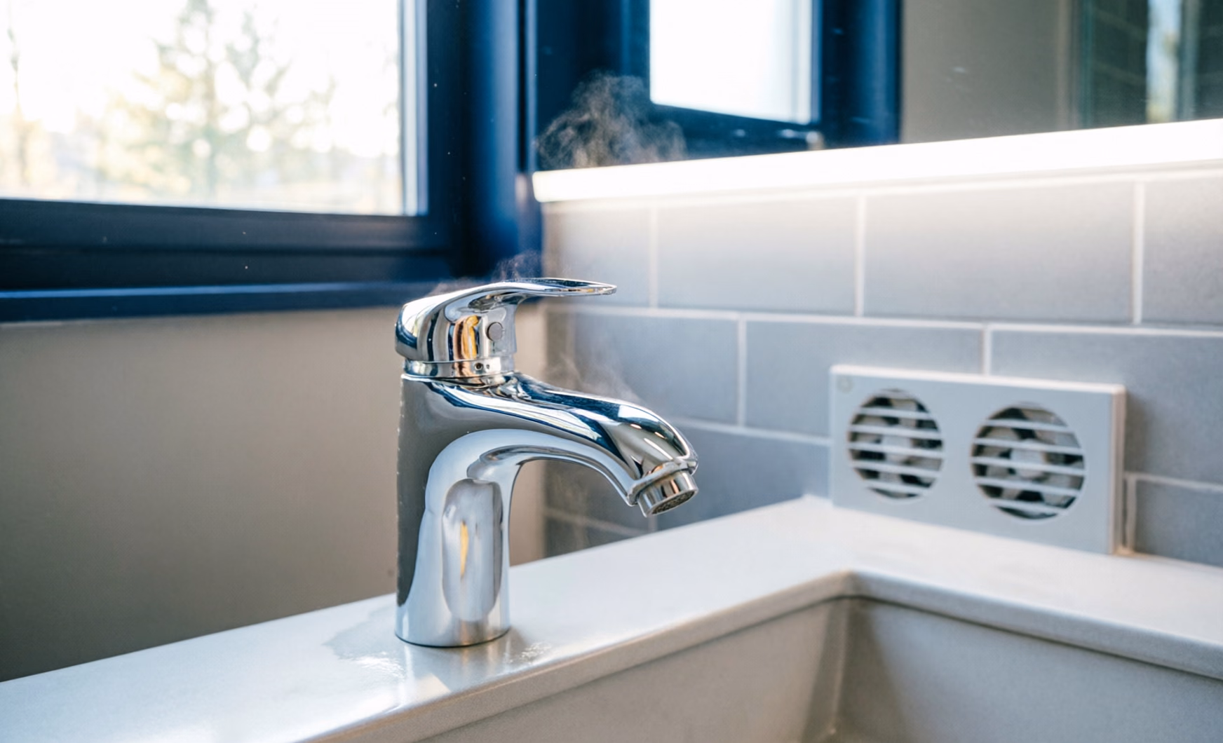 A portrait of a polished chrome bathroom faucet being dried with a microfibre cloth after a rinse in a bright Ottawa bathroom, showing the finish restored.