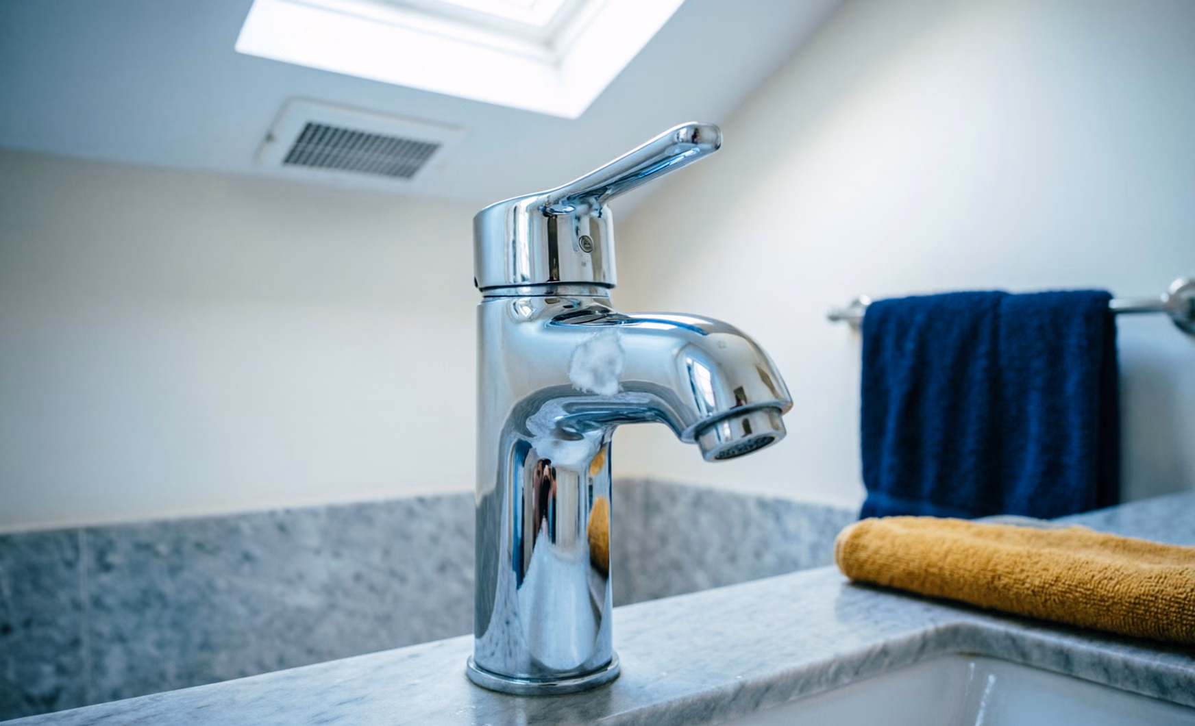 A close-up of a chrome bathroom faucet with a microfibre cloth, showing a small cloudy patch and water spots where bleach residue dulled the mirror finish in an Ottawa home.