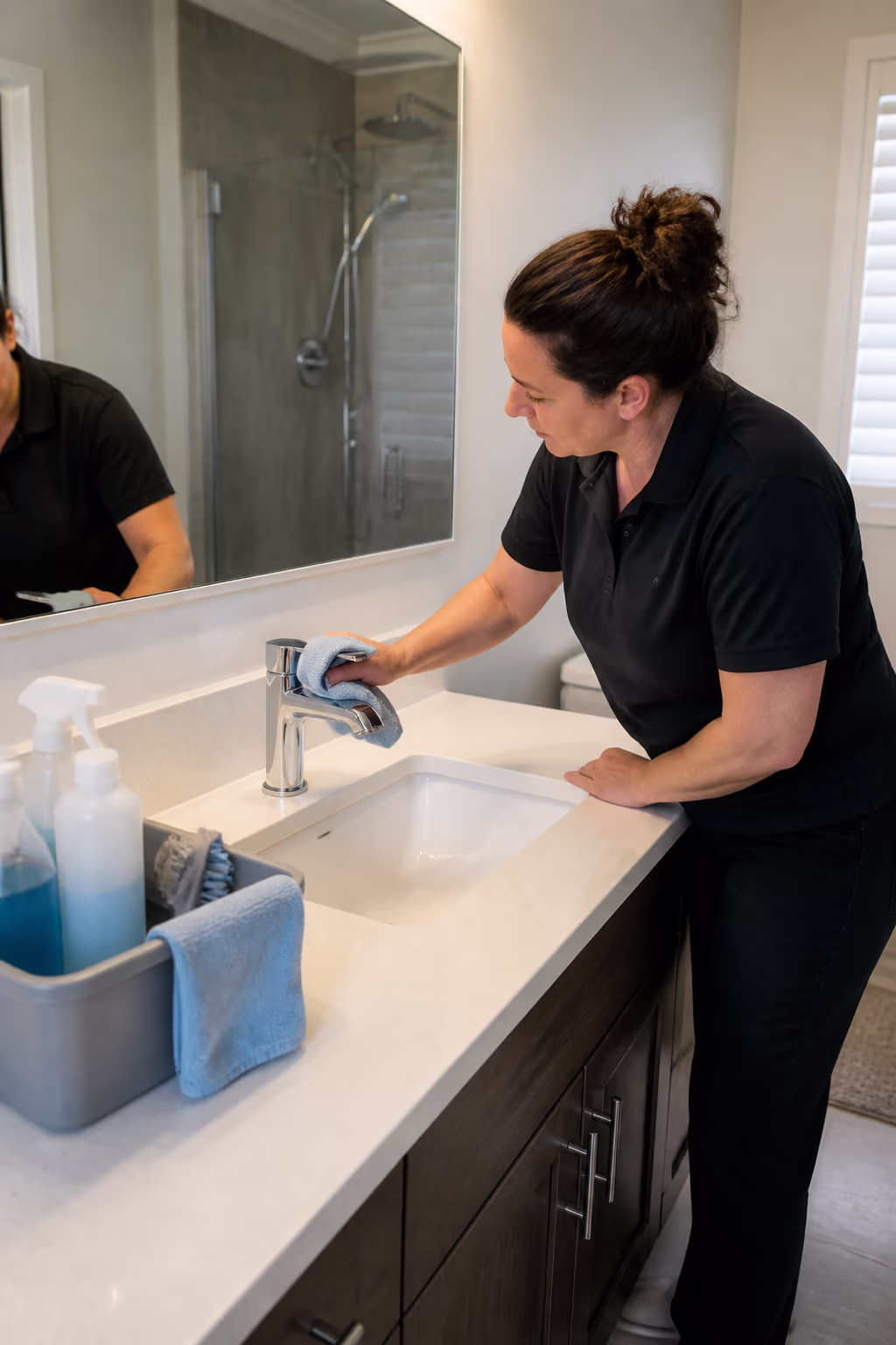 A uniformed cleaning technician wiping chrome bathroom fixtures with a microfibre cloth in a bright Ottawa home, with a caddy of gentle cleaning products nearby.
