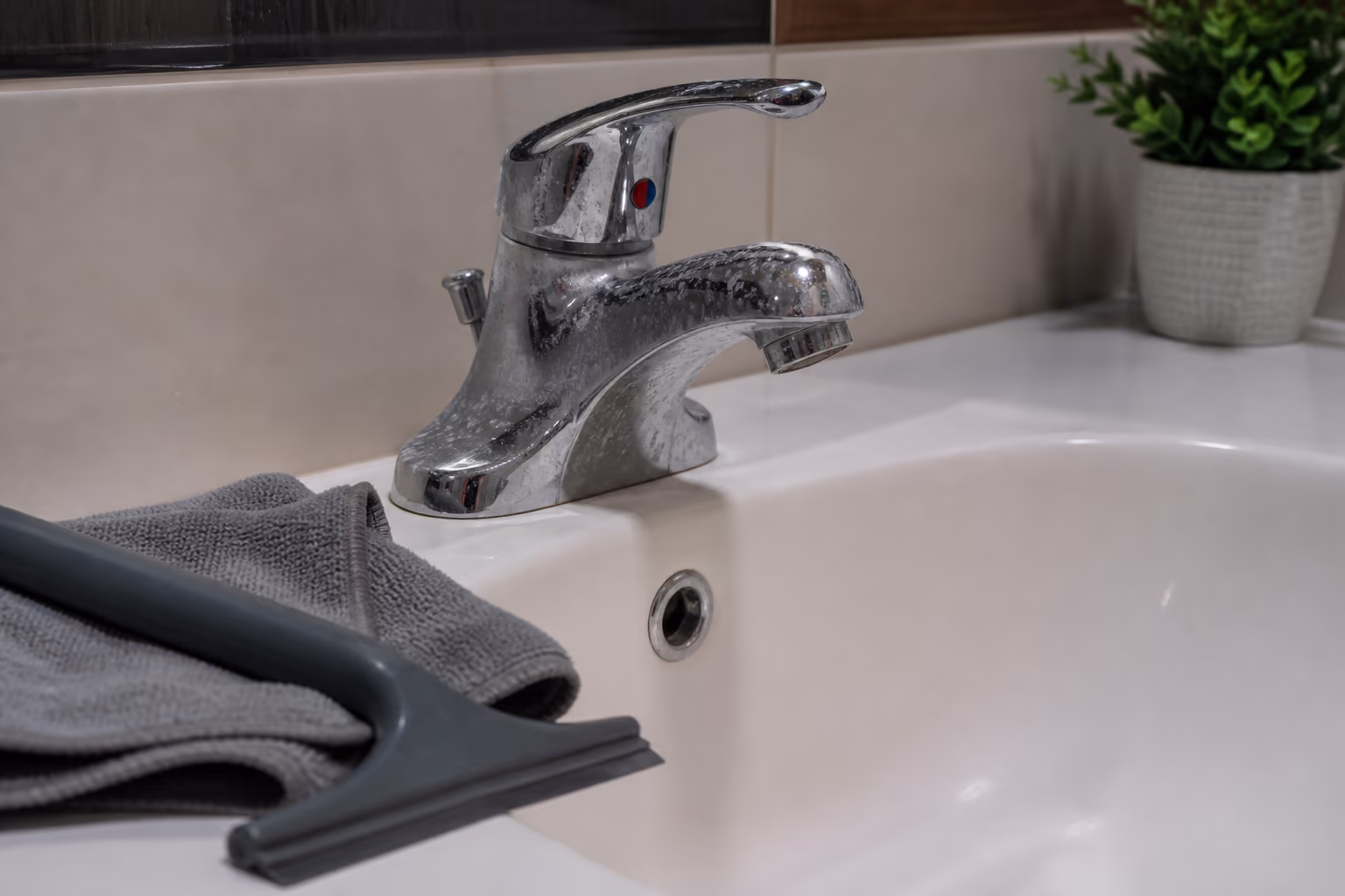 A chrome faucet and basin with mineral hard water spots in an Ottawa bathroom, beside a squeegee and a dry microfibre cloth used to keep build-up from bonding.
