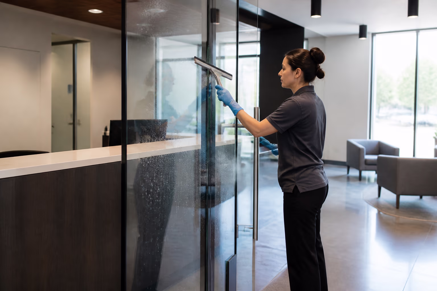 A professional cleaner polishing the glass partition and front desk of a bright Ottawa office reception area, with a polished floor and tidy seating ready for visitors.