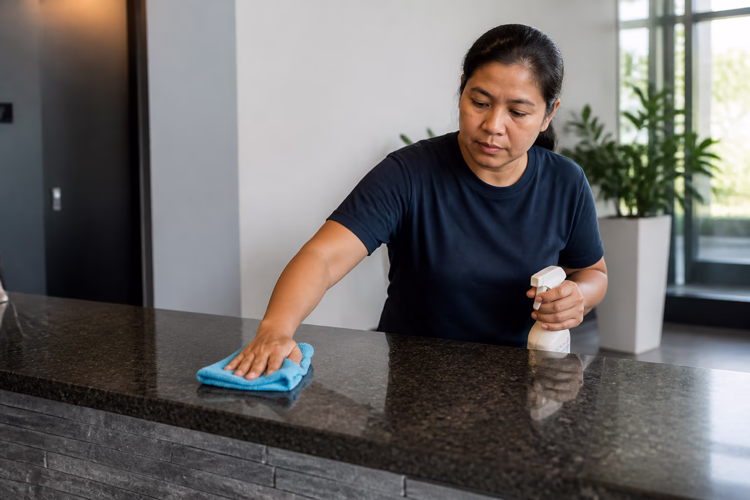 A uniformed janitorial team reviewing a vetting checklist and cleaning scope with a facility manager in the bright lobby of an Ottawa office building, with microfibre cloths and a stocked supply cart ready for an after-hours shift.