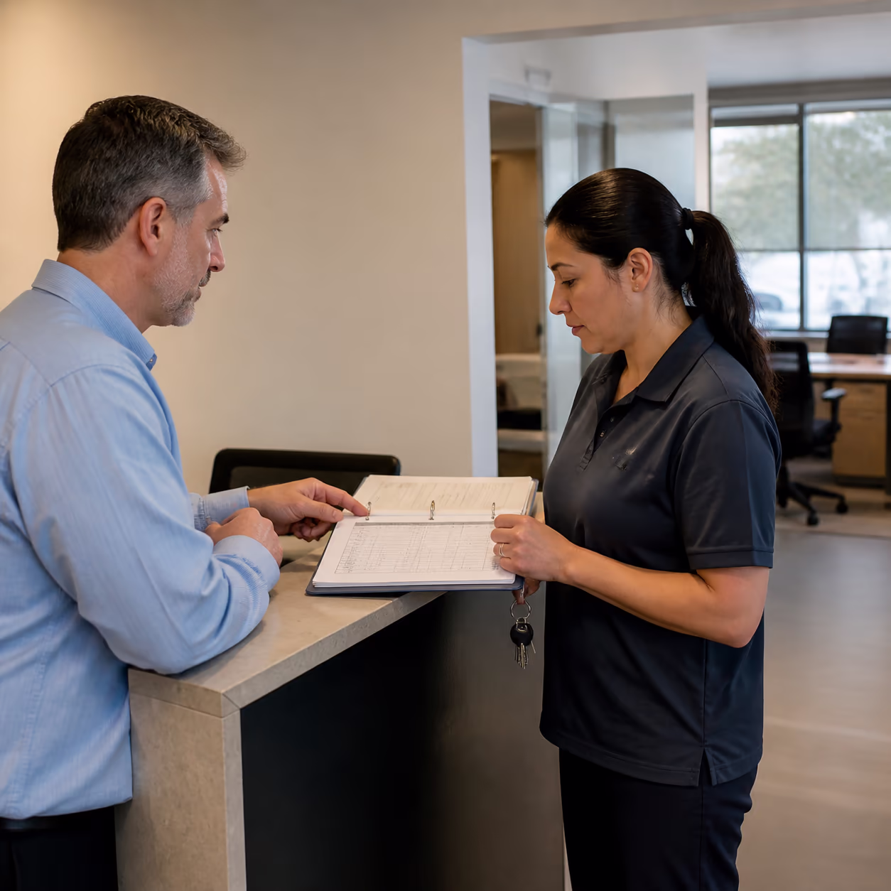 A commercial cleaner in uniform confirming access and security procedures with a building manager at the front desk of an Ottawa workplace, holding a key log and a written cleaning scope.