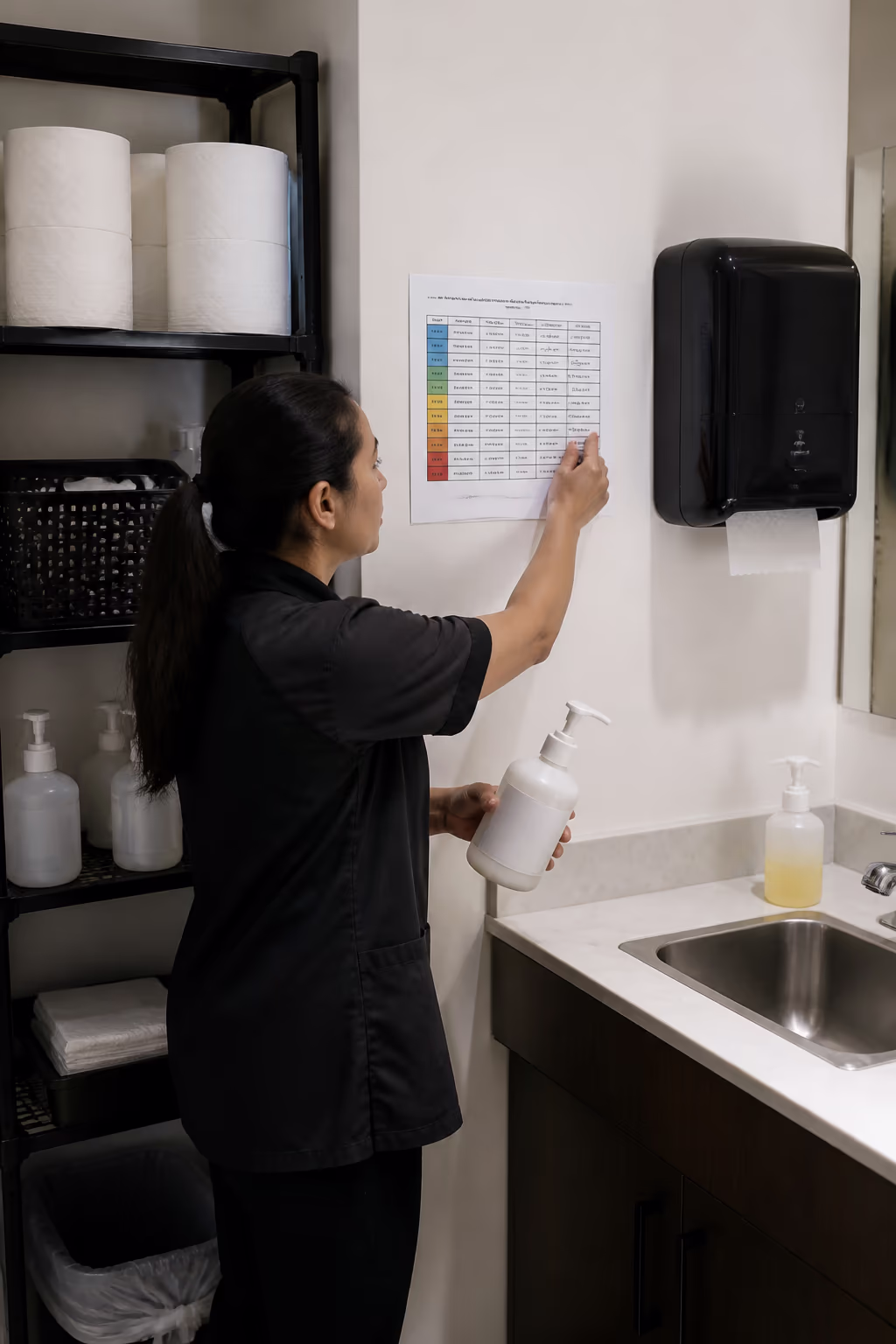 A uniformed janitor restocking an Ottawa office washroom with soap and paper products while checking a WHMIS-labelled chemical dilution chart on the wall, demonstrating a documented safety process.