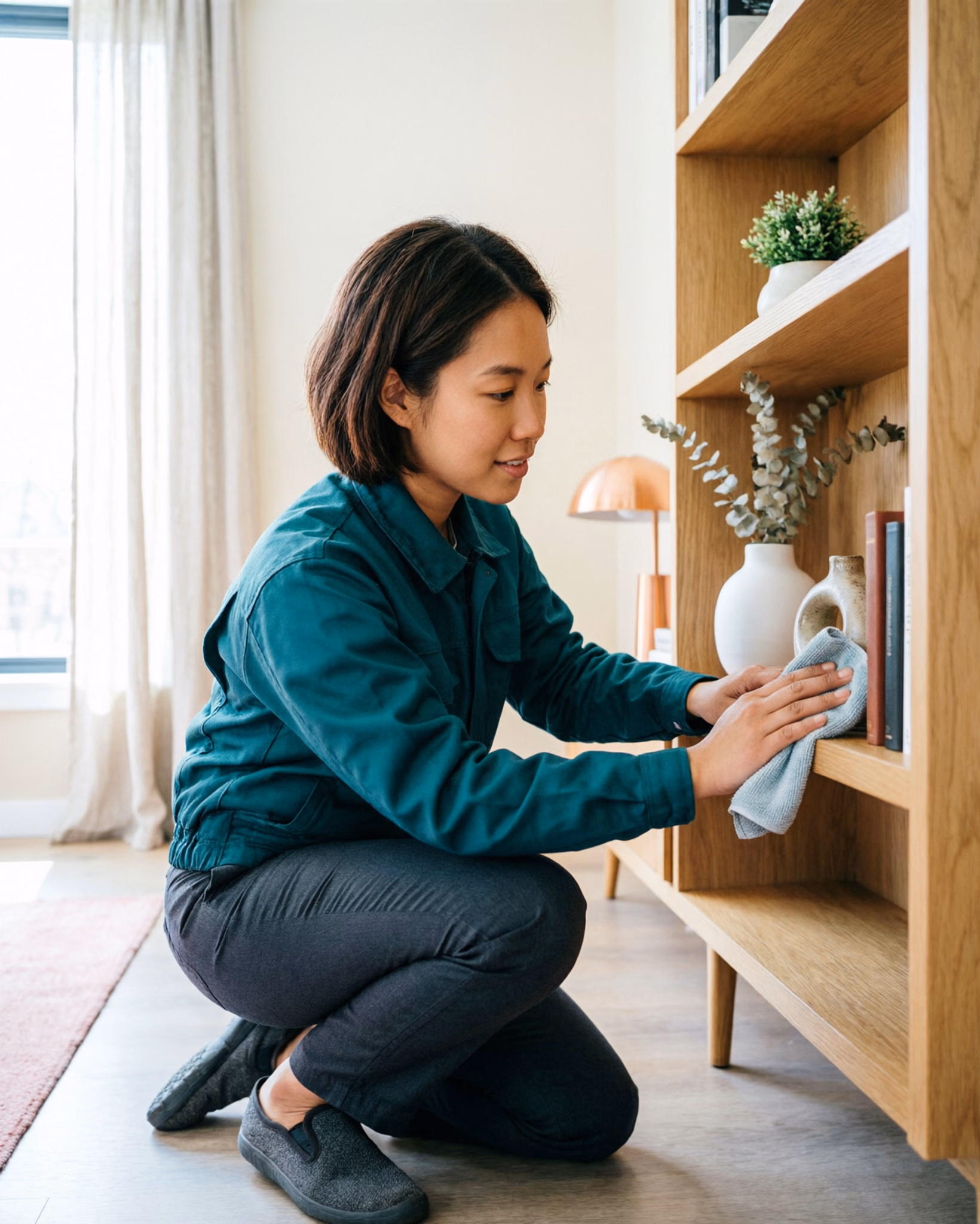 A residential cleaner with a spray bottle and microfibre cloth dusting a shelf in a bright, tidy Ottawa living room, capturing the small daily upkeep that keeps a home calm, clean and comfortable.
