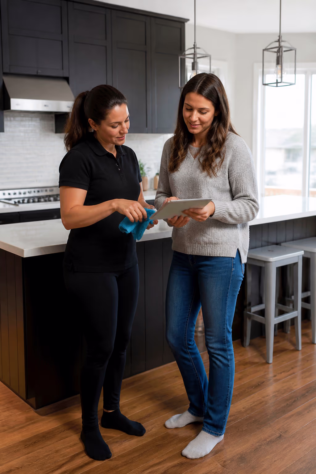 A friendly cleaning technician in a bright Ottawa home reviewing a cleaning checklist with the homeowner, showing the trusted professional service that carries the load when a busy week fills up.
