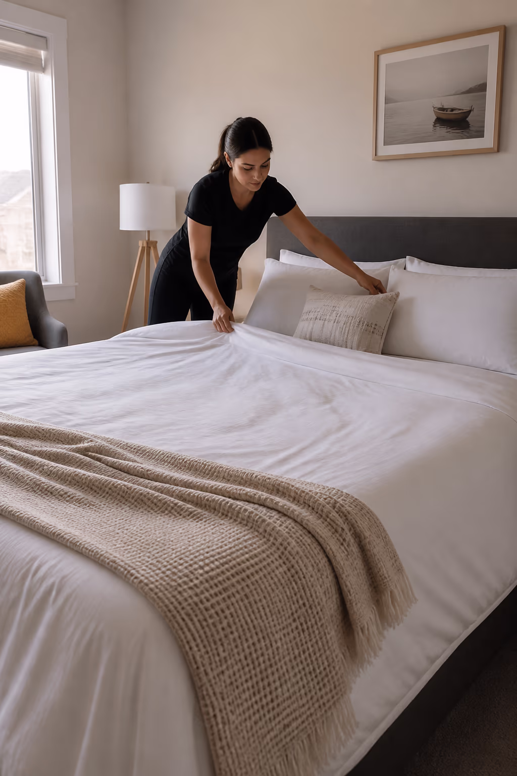 A cleaning technician making a bed with fresh sheets in a serene Ottawa bedroom, capturing how a clean, organized space supports calm and better sleep.