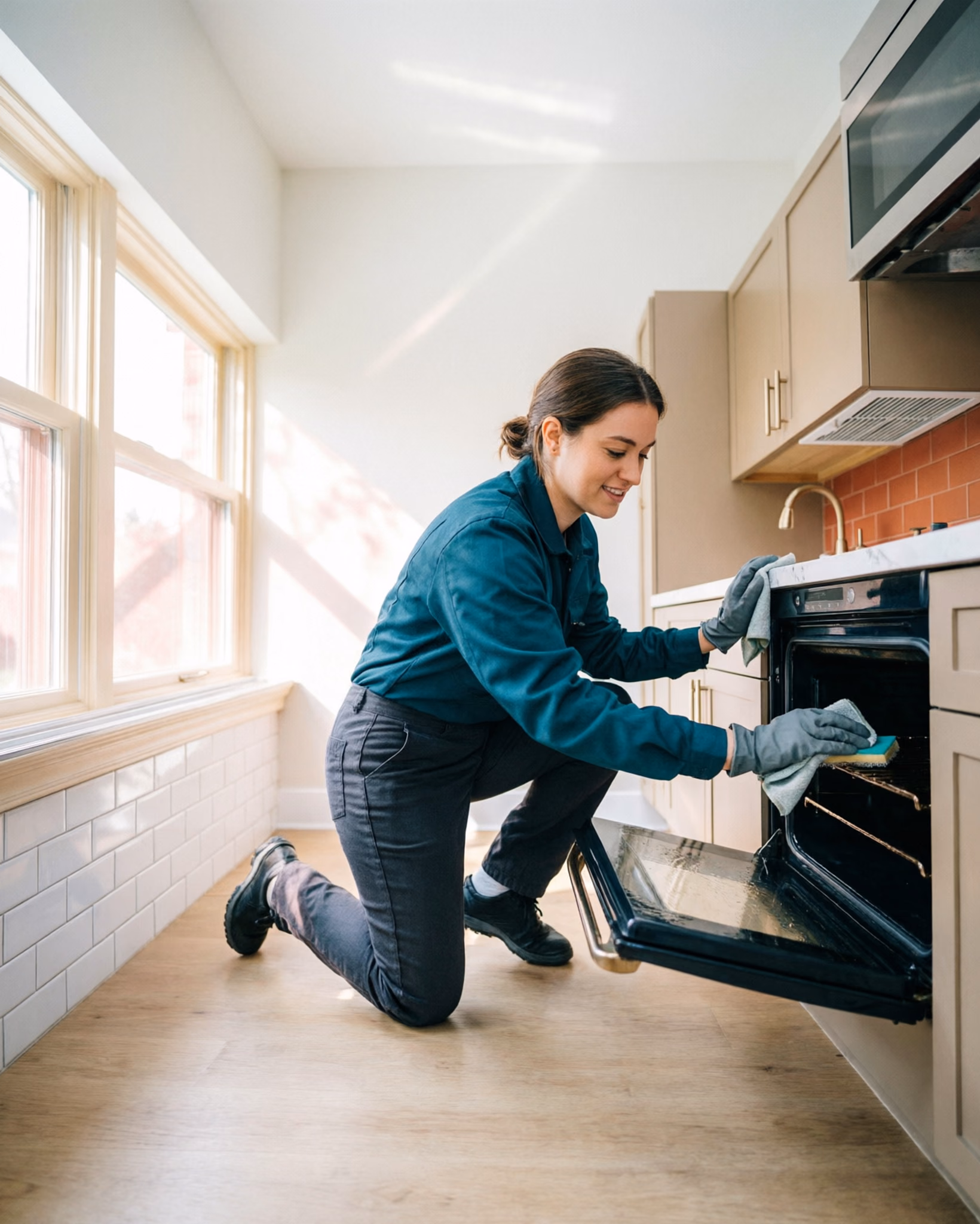 A professional cleaning team doing a deep clean of a bright Ottawa kitchen, reaching the oven, grout and window tracks that a weekly tidy misses.