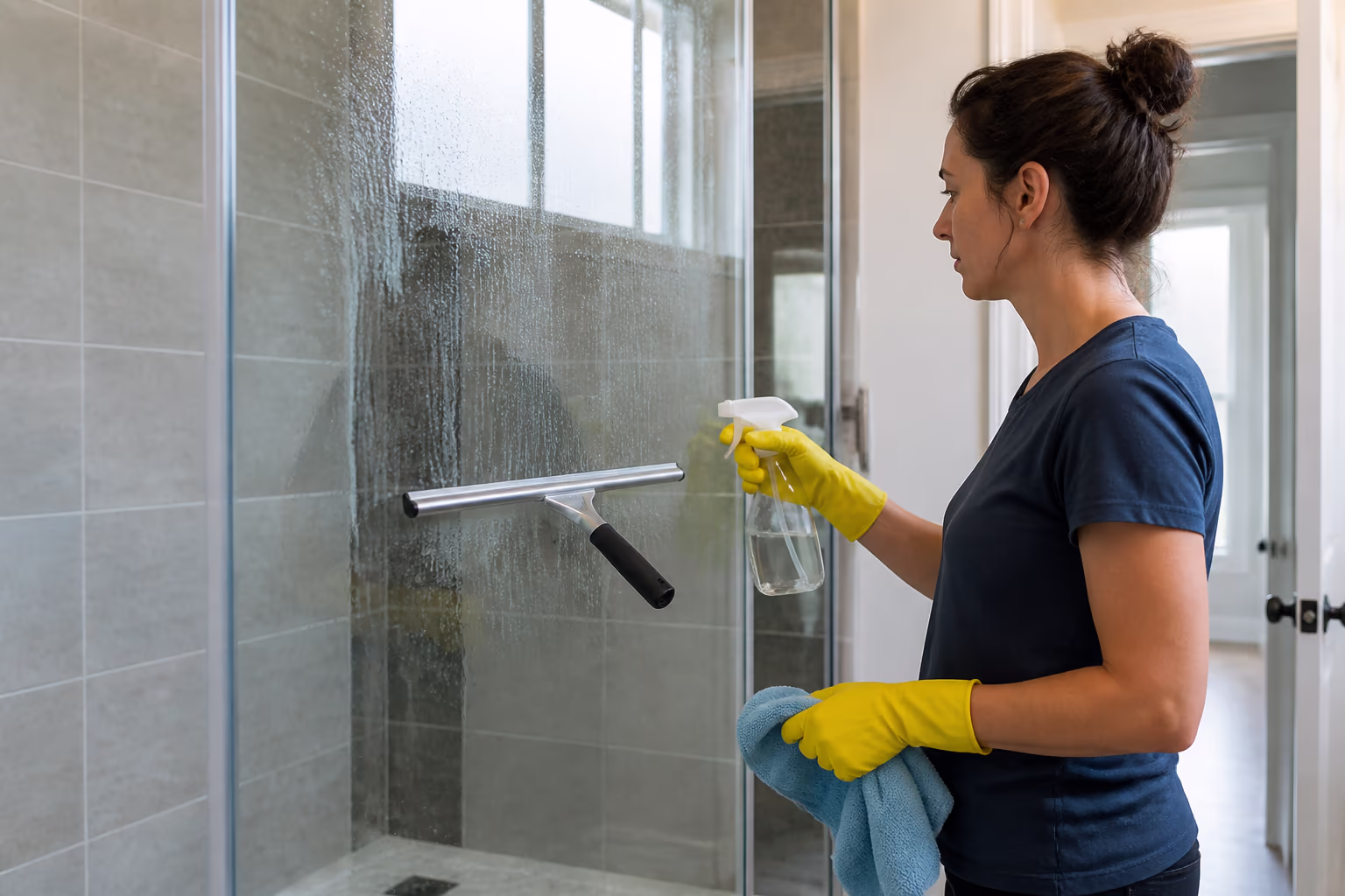 A professional cleaner applying a diluted white vinegar spray to a glass shower door in a bright Ottawa bathroom, a microfibre cloth and squeegee ready to wipe away the mineral film.