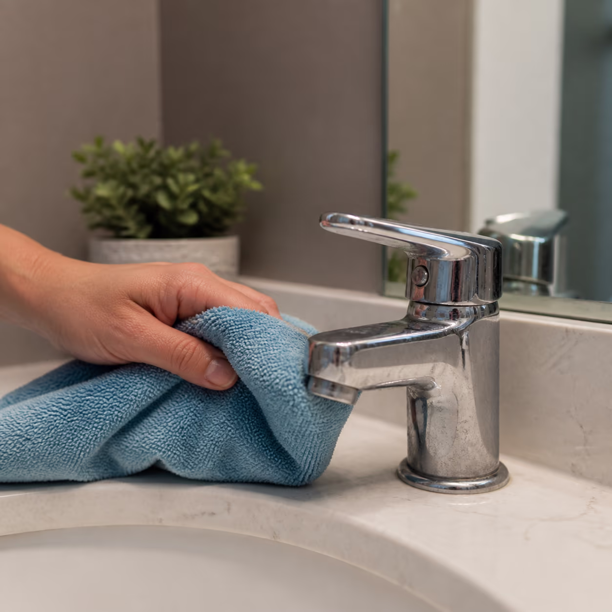 A close-up of a chrome bathroom faucet with faint white hard water spots around its base in an Ottawa home, a microfibre cloth resting on the counter beside it.
