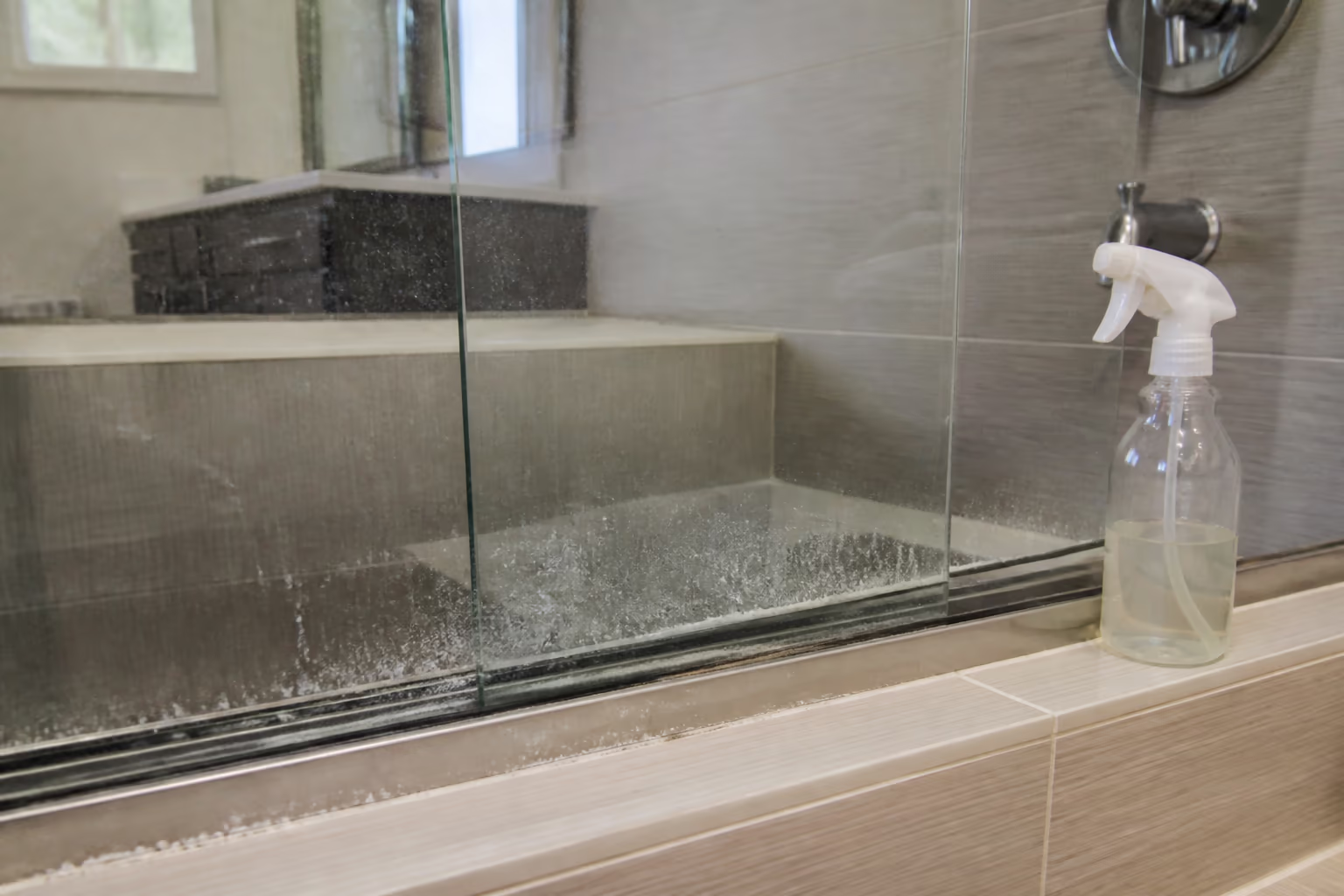 A landscape view of a clear glass shower door in an Ottawa bathroom with soap scum and mineral film at the lower edge, a spray bottle of vinegar and dish soap blend resting on the ledge.