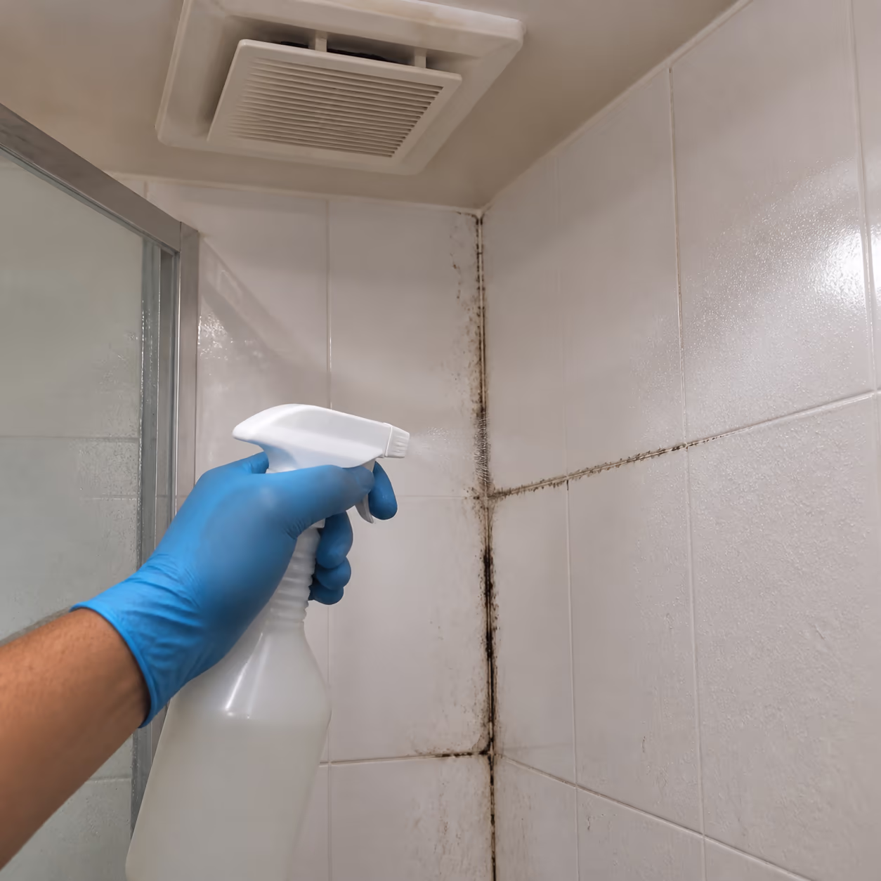 A gloved hand spraying 3% hydrogen peroxide onto mouldy shower grout and caulk in a bright Ottawa bathroom, with an exhaust fan running.