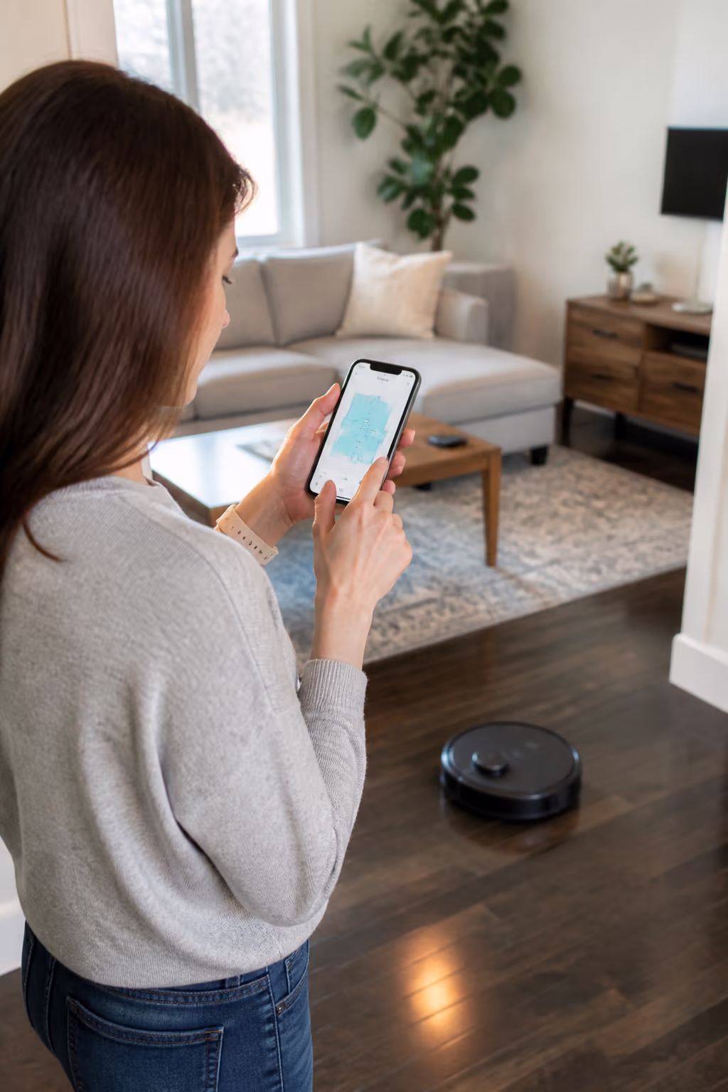 A portrait of a homeowner in an Ottawa living room reviewing the robotic vacuum app map on their phone while the robot runs nearby, capturing the setup, no-go zones and maintenance choices behind a reliable robot.