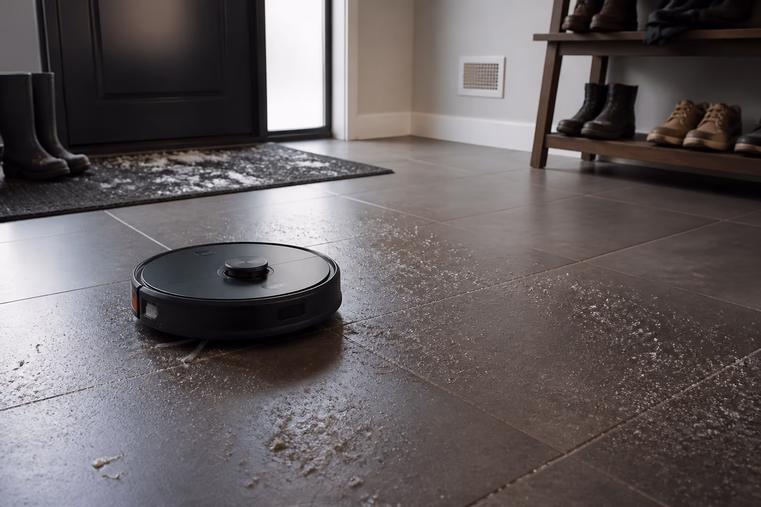 A landscape view of a robotic vacuum sweeping salt, sand and melting slush from the sealed tile entryway of an Ottawa home in winter, capturing the seasonal grit a daily pass keeps from grinding into hard floors.