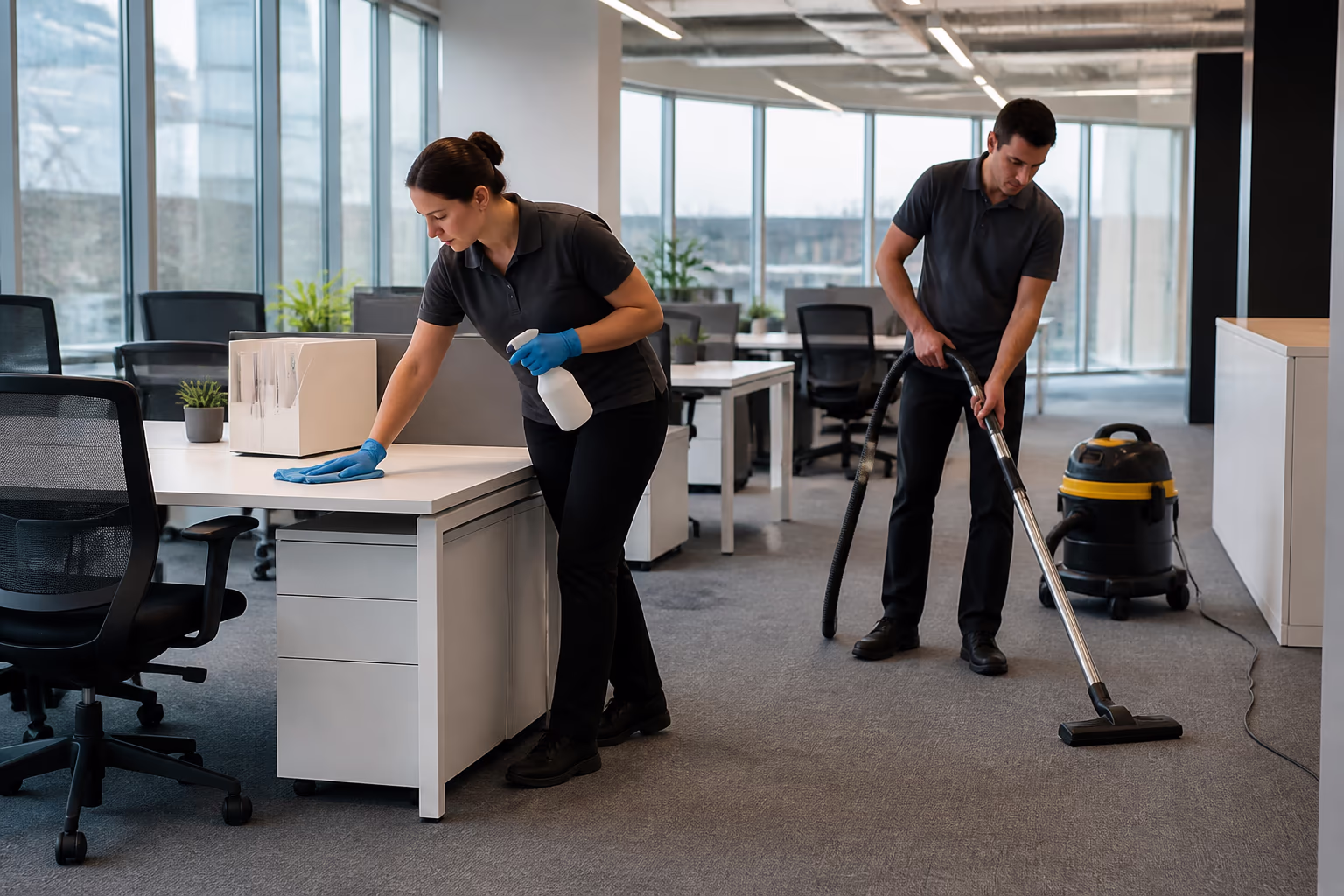 Two professional cleaners in a bright Ottawa open-plan office, one disinfecting shared desks and high-touch points while the other vacuums the floor around workstations.