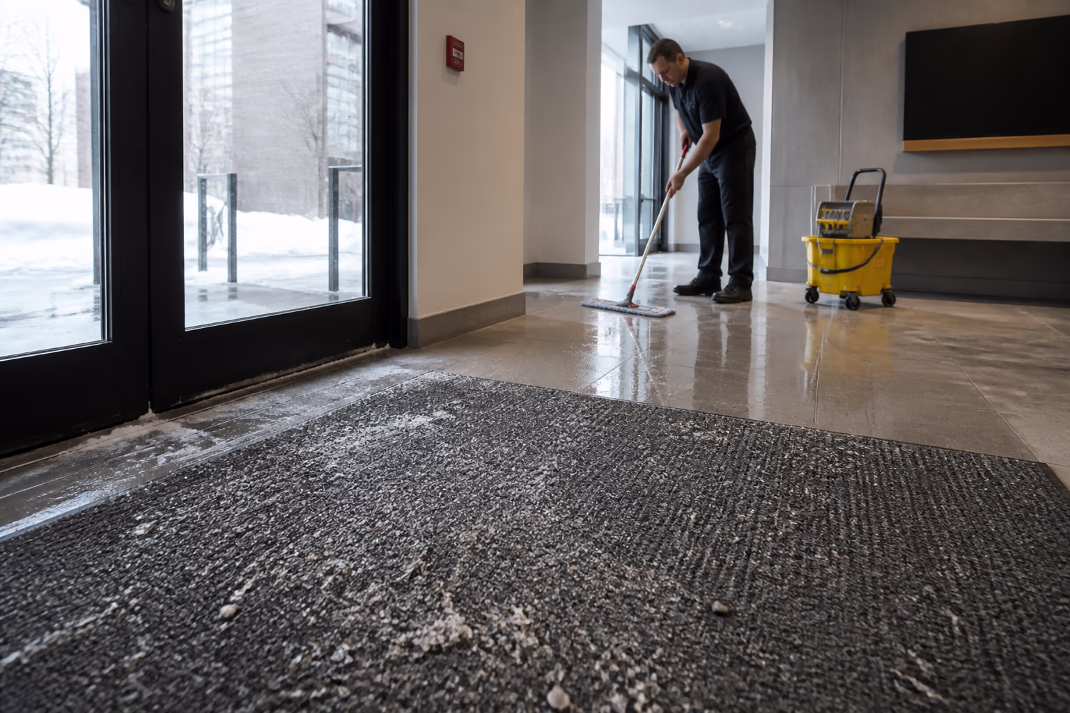 A wide view of an Ottawa office entryway on a snowy winter morning, with a heavy-duty entry mat catching salt and slush while a janitor mops the lobby floor beyond.