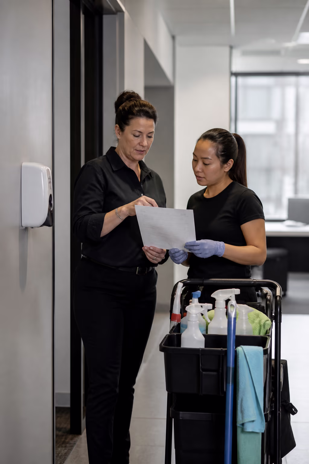 A portrait of a supervisor and an office cleaner reviewing a signed cleaning checklist beside a stocked chemical caddy in a bright Ottawa office, with a hand-sanitizer dispenser on the wall.