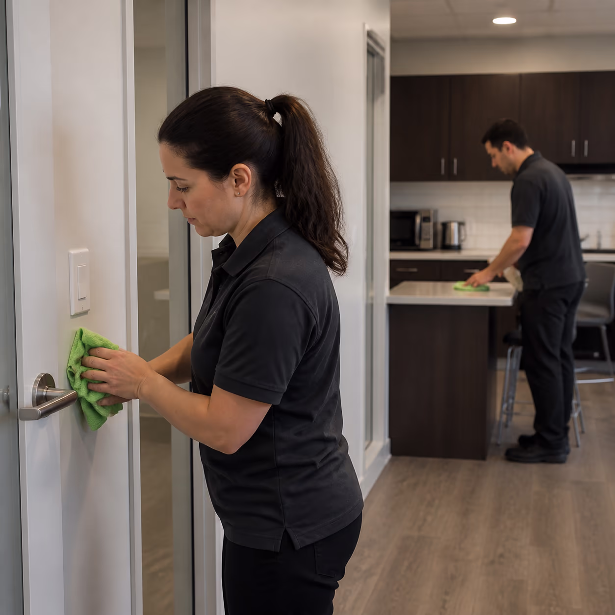 A square view of a cleaner disinfecting a door handle and light switch beside a shared desk while a colleague wipes down a break room counter in an Ottawa office.
