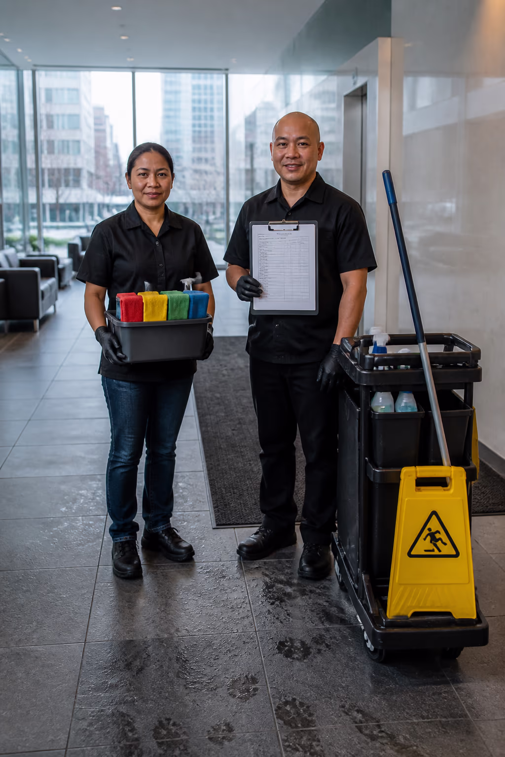 A portrait of a cleaning technician in a bright Ottawa office holding a colour-coded microfibre caddy and a signed checklist beside a cleaning cart with a wet floor sign.