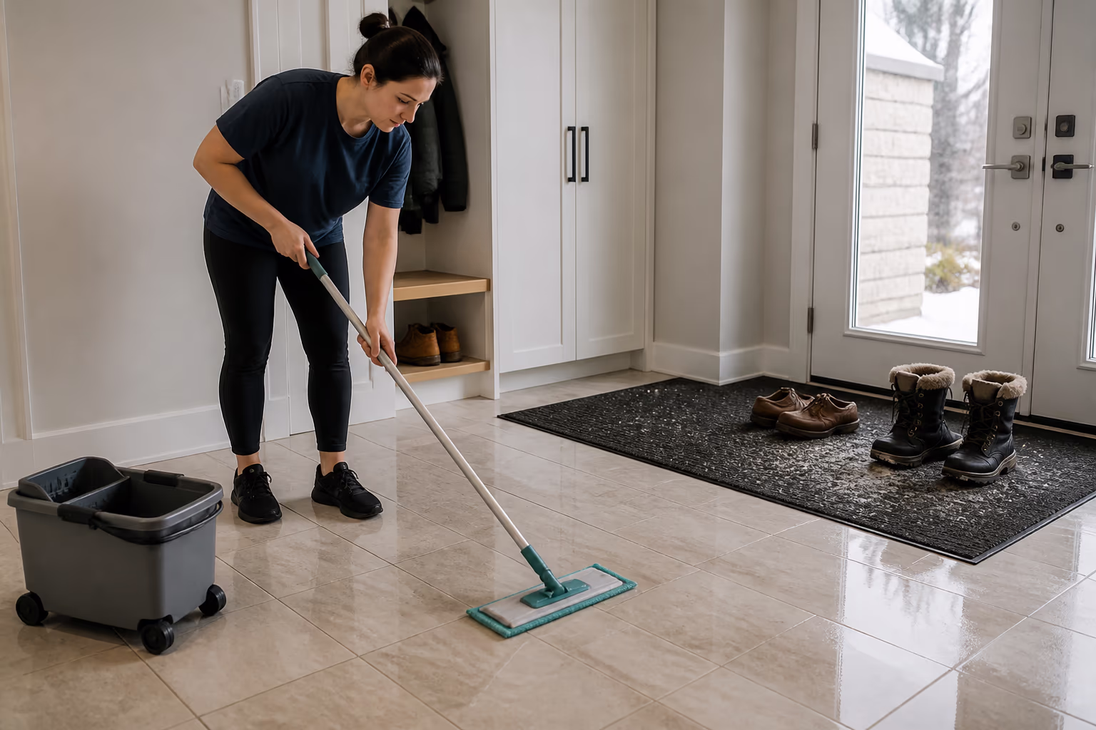 A professional cleaner mopping a tiled Ottawa entryway with a microfibre mop and bucket, an entry mat catching salt and slush from winter boots beside the door.