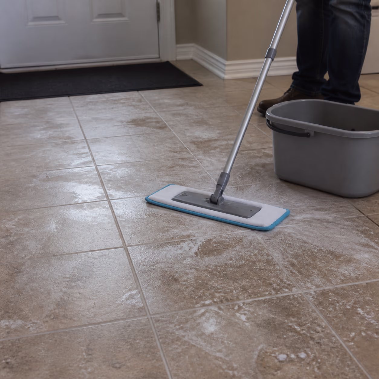 A square view of a winter-salted Ottawa entryway floor with a dry crust of white residue across the tile, a microfibre mop and a bucket of warm water ready beside the door.