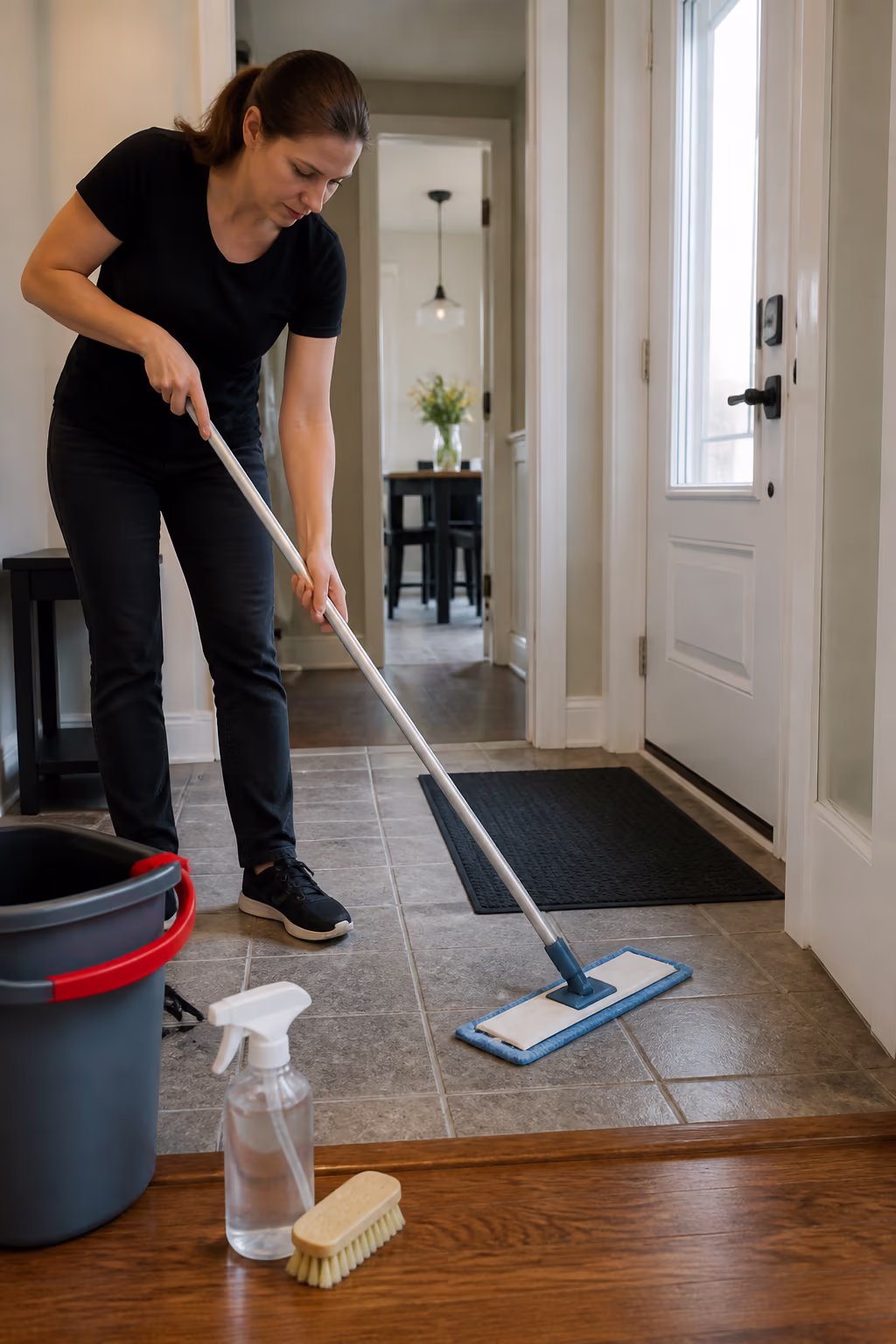 A portrait of a cleaner in a bright Ottawa home working a microfibre mop along a grout line at the entryway threshold, a soft-bristle brush and spray bottle on the floor beside her.