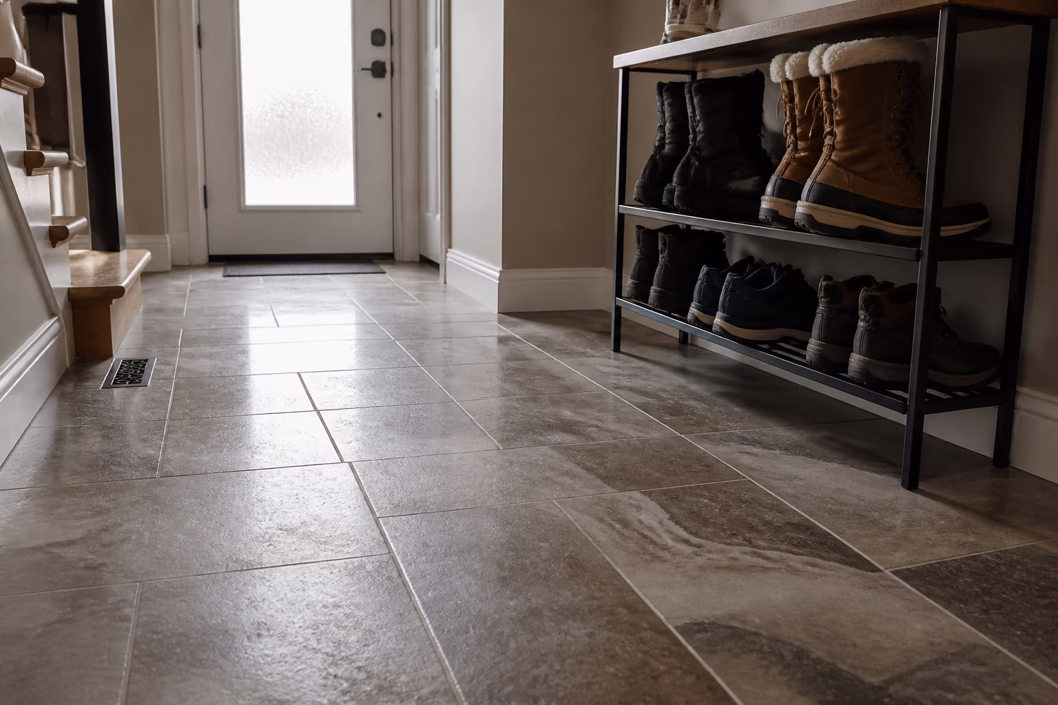 A landscape view of a freshly cleaned stone entryway and entrance hall in an Ottawa home, with polished floors, a clean grout line and a tidy boot rack ready for winter.