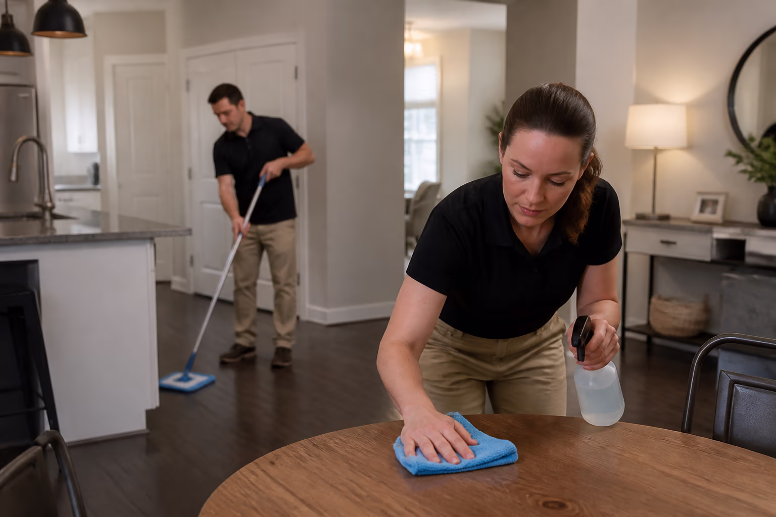 A professional cleaning and property-management team finishing a bright Ottawa building lobby while a manager checks a schedule on a clipboard, showing the documented routine that keeps shared spaces consistently clean.