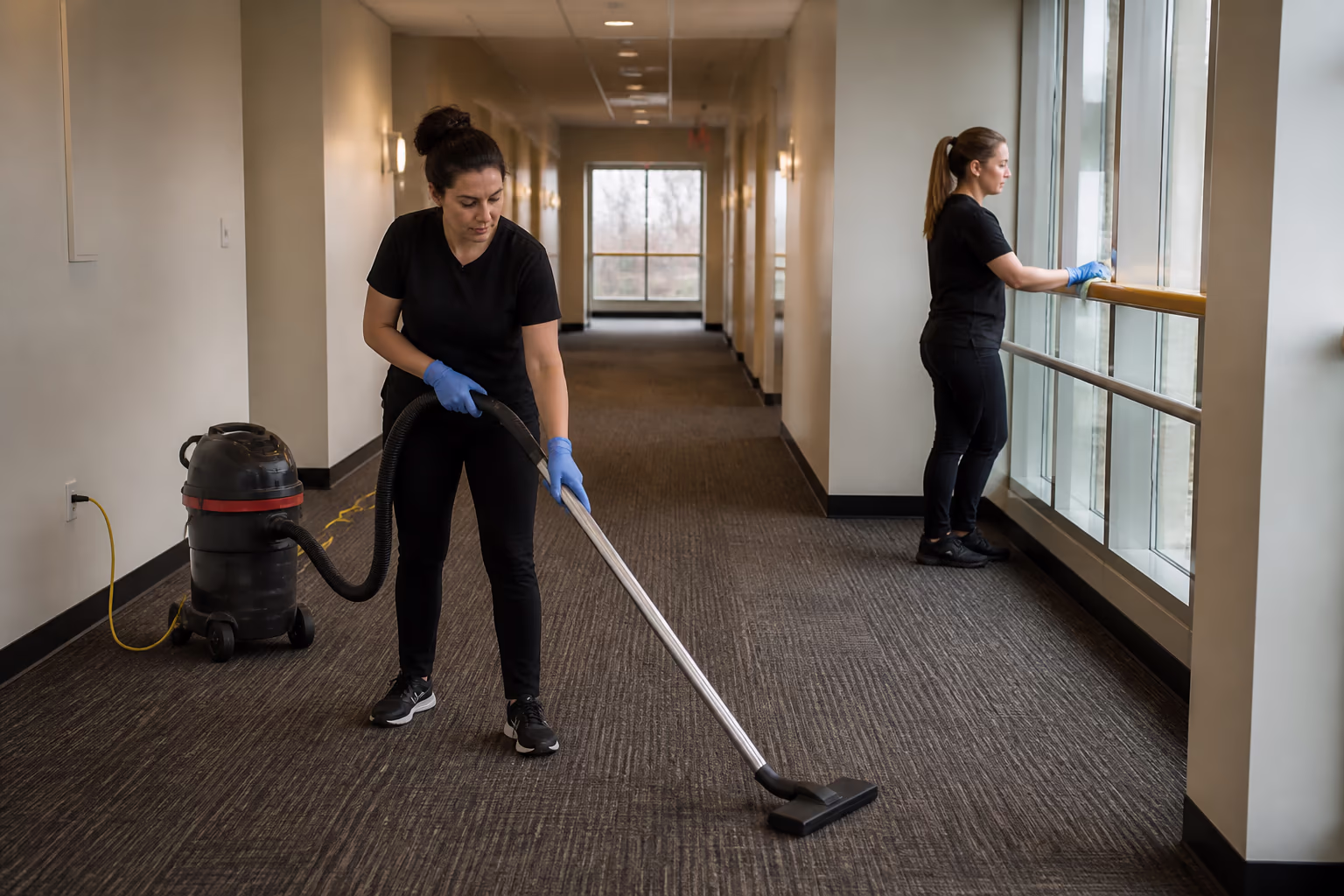 A landscape view of a professional cleaning team servicing an Ottawa property, one cleaner running a vacuum along a shared corridor while a second wipes a high-touch surface.