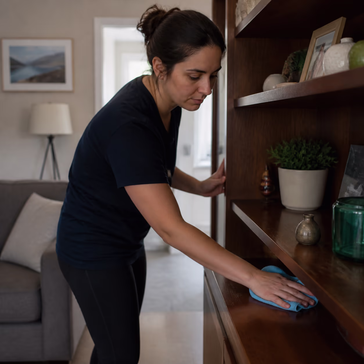 A square view of a residential cleaner dusting shelves and wiping surfaces in a lived-in Ottawa living room during a first visit, focusing on what is visible and touched rather than attempting an exhausting full deep clean.