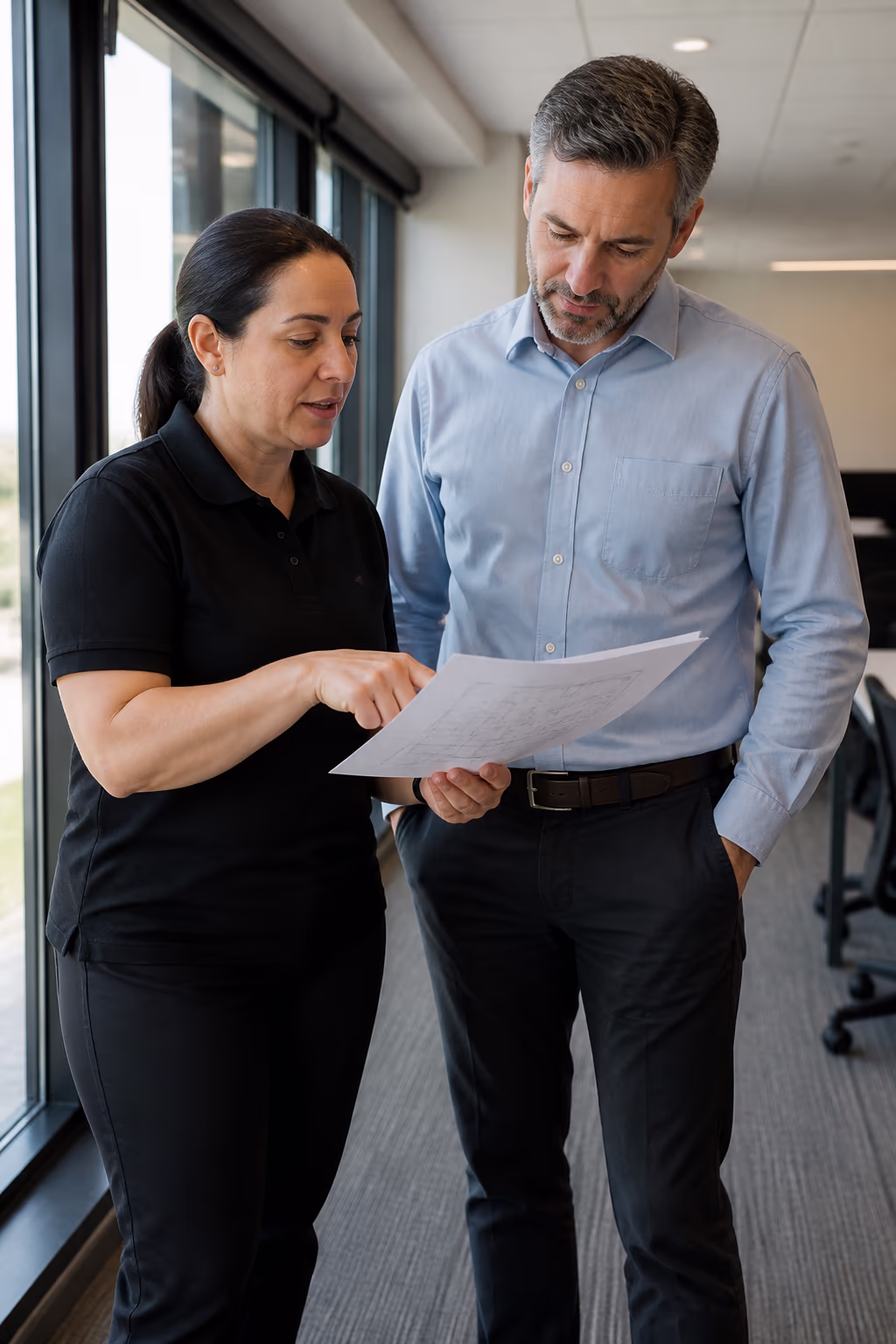 A portrait of a coordinator reviewing an office cleaning plan with a facility manager in an Ottawa office, confirming the warning signs the team has spotted and the routine that removes them.