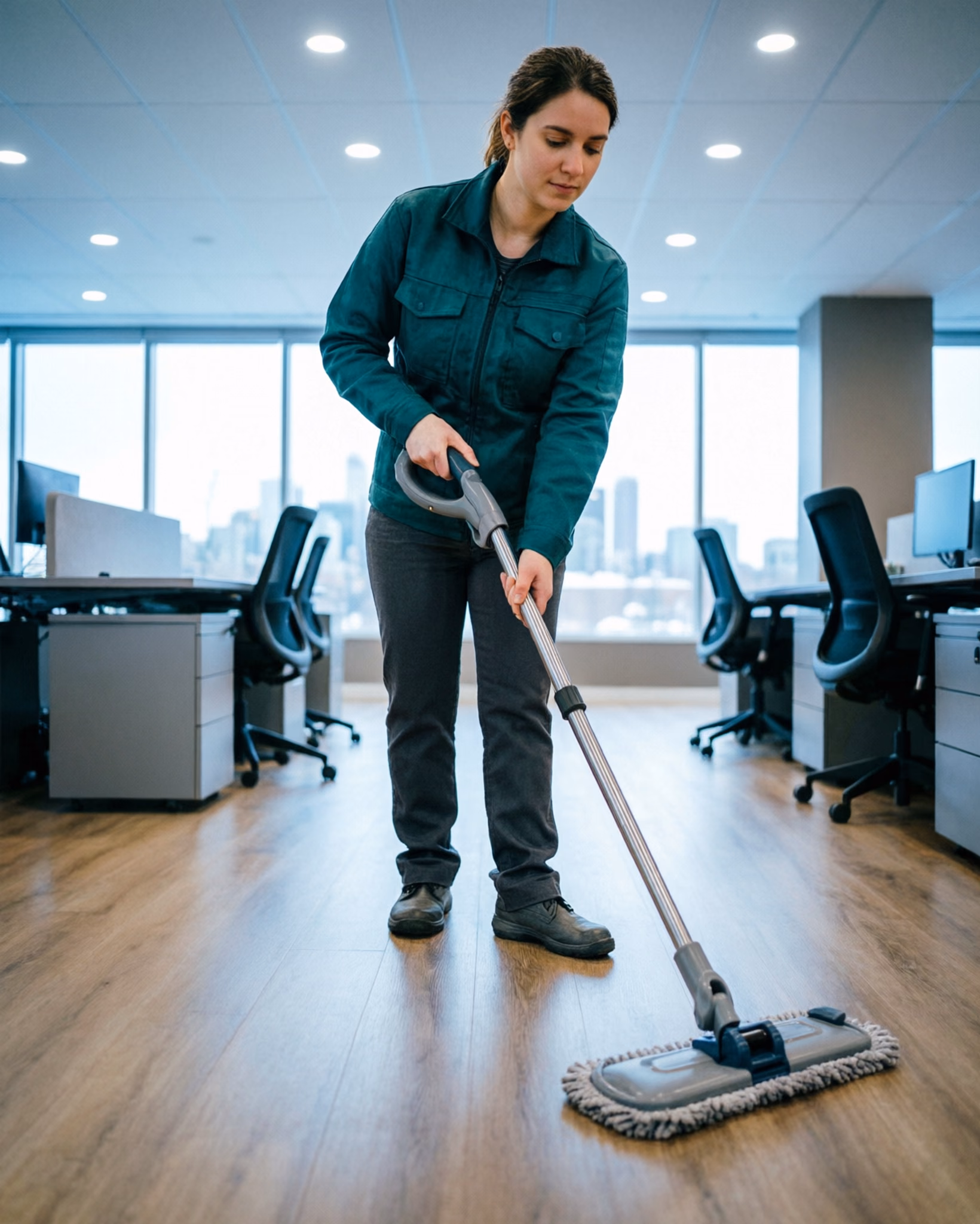 A commercial janitorial team working through an Ottawa office building at the desk and floor level, capturing the technical, product and people skills the janitor trade is built on.