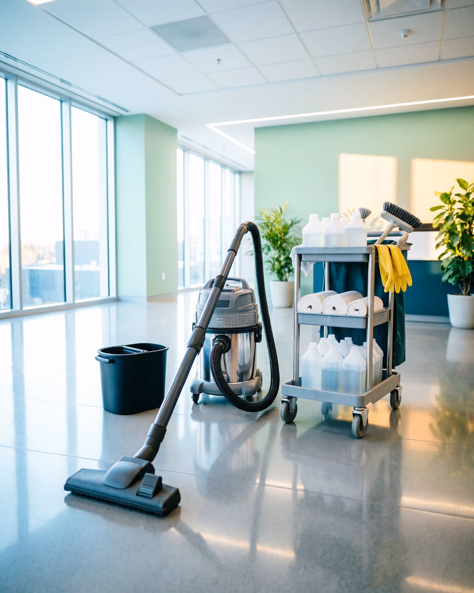 A janitor's floor-care kit laid out on a polished office floor in Ottawa: a commercial vacuum, a flat-mop system and a wheeled cart stocked with supplies, capturing the equipment a janitor learns to use and maintain.
