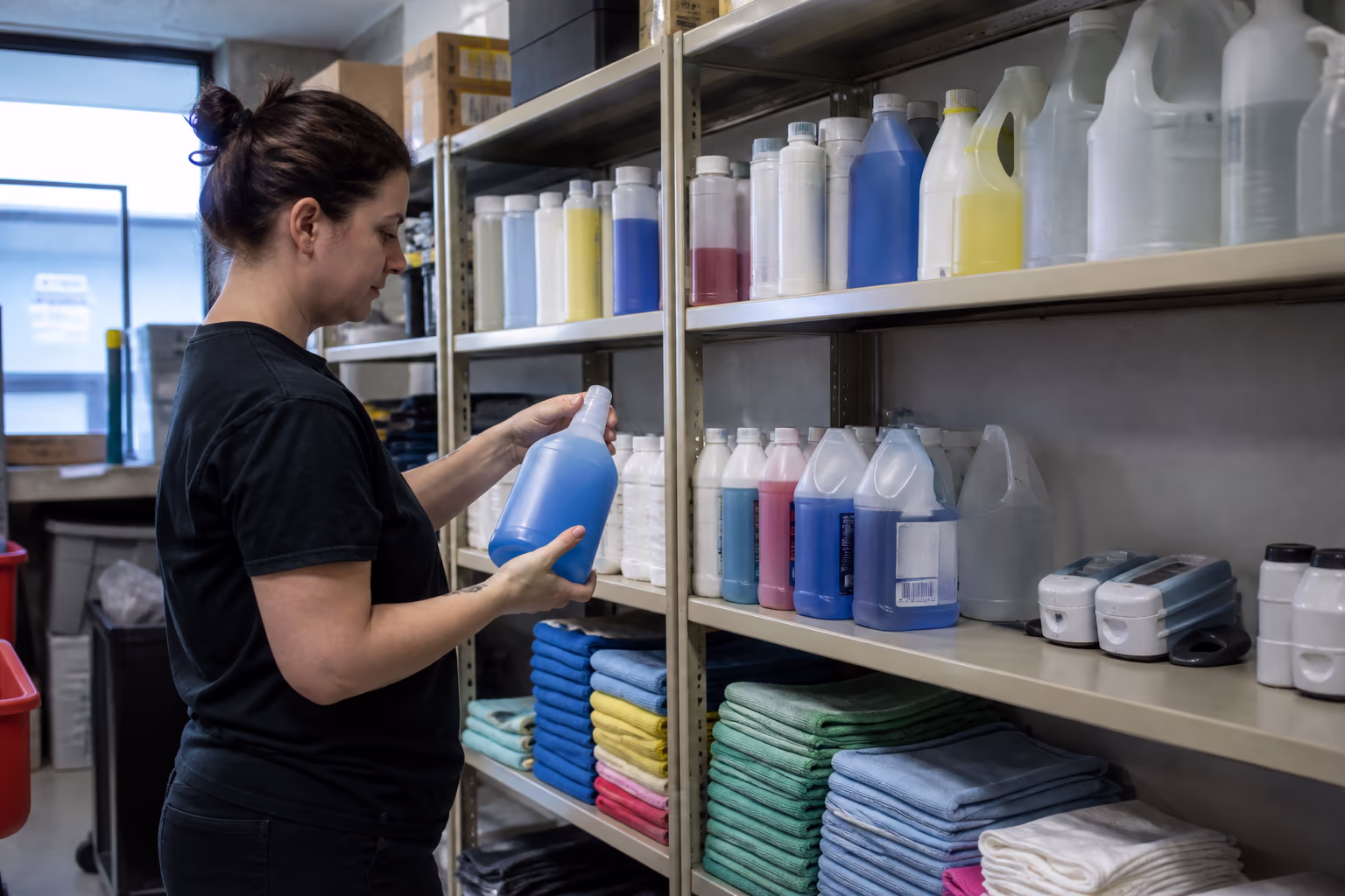 A wide view of a stocked janitorial supply shelf in Ottawa with labelled cleaning products, microfibre cloths and dispenser refills, capturing the product and chemical knowledge a janitor needs to match each surface safely.